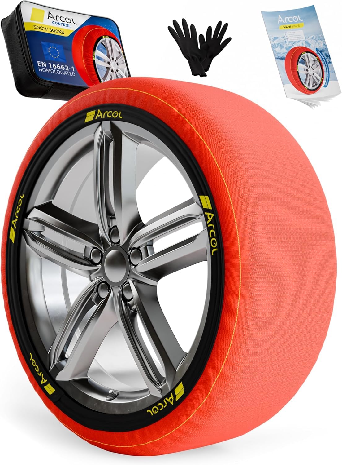 ARCOL Snow Socks for Car Tyres – TWO Anti Slip Textile Snow Chains for Car. M Auto Snow Sock for R13 - R19 (detailed tyre grips inside). EN 16662-1 Certified Winter Car Accessories for Road Safety