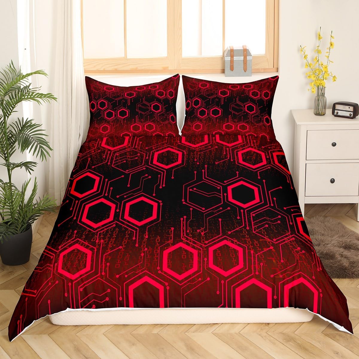 Feelyou 3D Honeycomb Duvet Cover Twin Size with 1 Pillow Case Hexagonal Bedding Set Modern Art Honeycomb Comforter Cover 3D Red Neon Bedspread Cover for Kids Adults