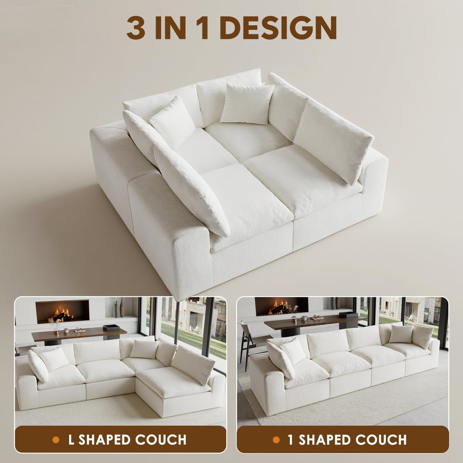 130" Oversized Cloud Couch, Modular L Shaped Sectional Sofa with Deep Seats, High Density Foam No Sag Support, No Assembly Required 4 Seater Washable Fabric Couch for Living Room, White - Image 4