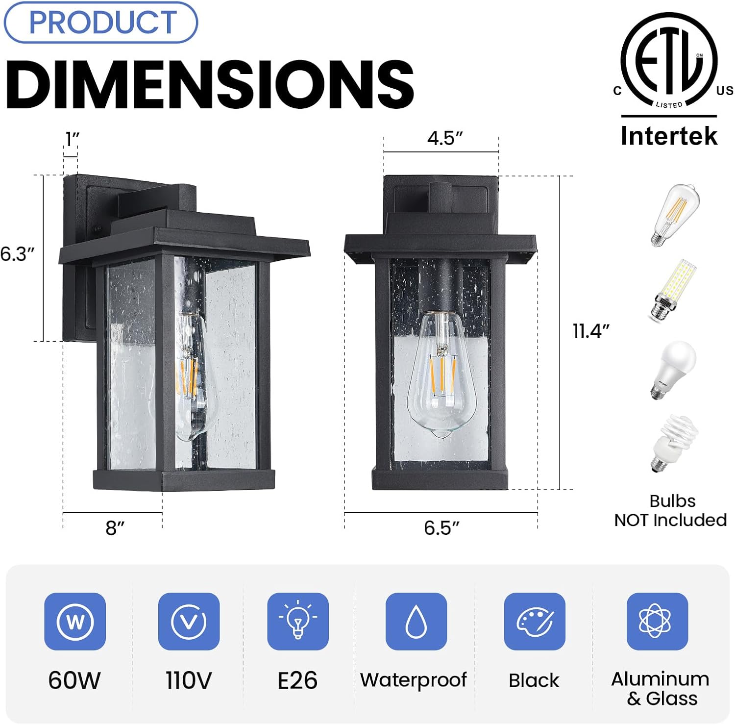 Outdoor Wall Sconce, Outside Porch Light Fixtures, Wall Mount Anti-Rust Exterior Wall Lights in Wood Grain Finish & Black Finish with Seeded Glass for Garage Doorway Entryway