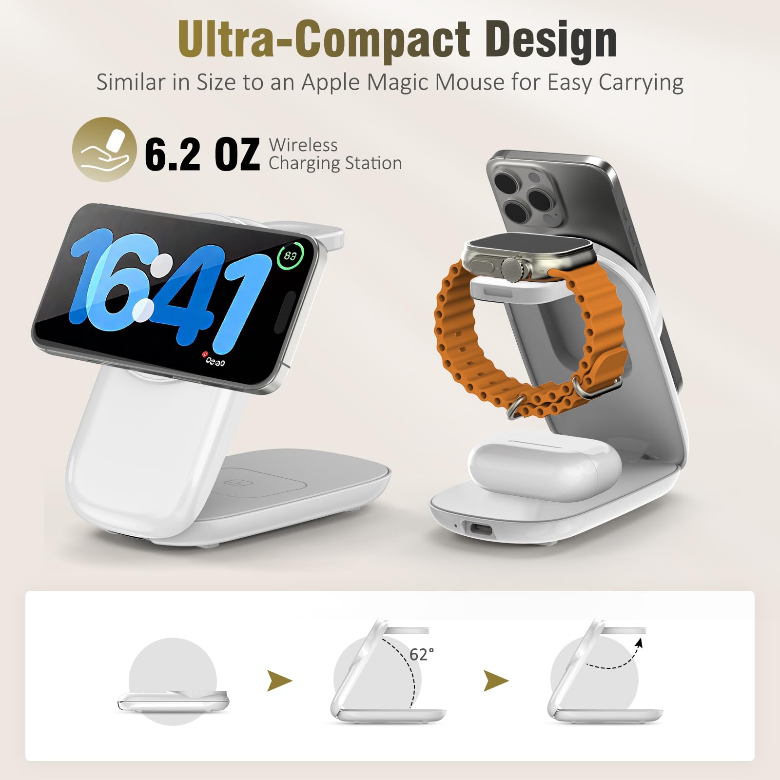 Cargador inalámbrico plegable, carga máxima rápida para iPhone 16/15/14/13/12 Pro Max, estación de carga 3 en 1 para Apple Watch 10-3 y AirPods Pro/4/3 (blanco)
