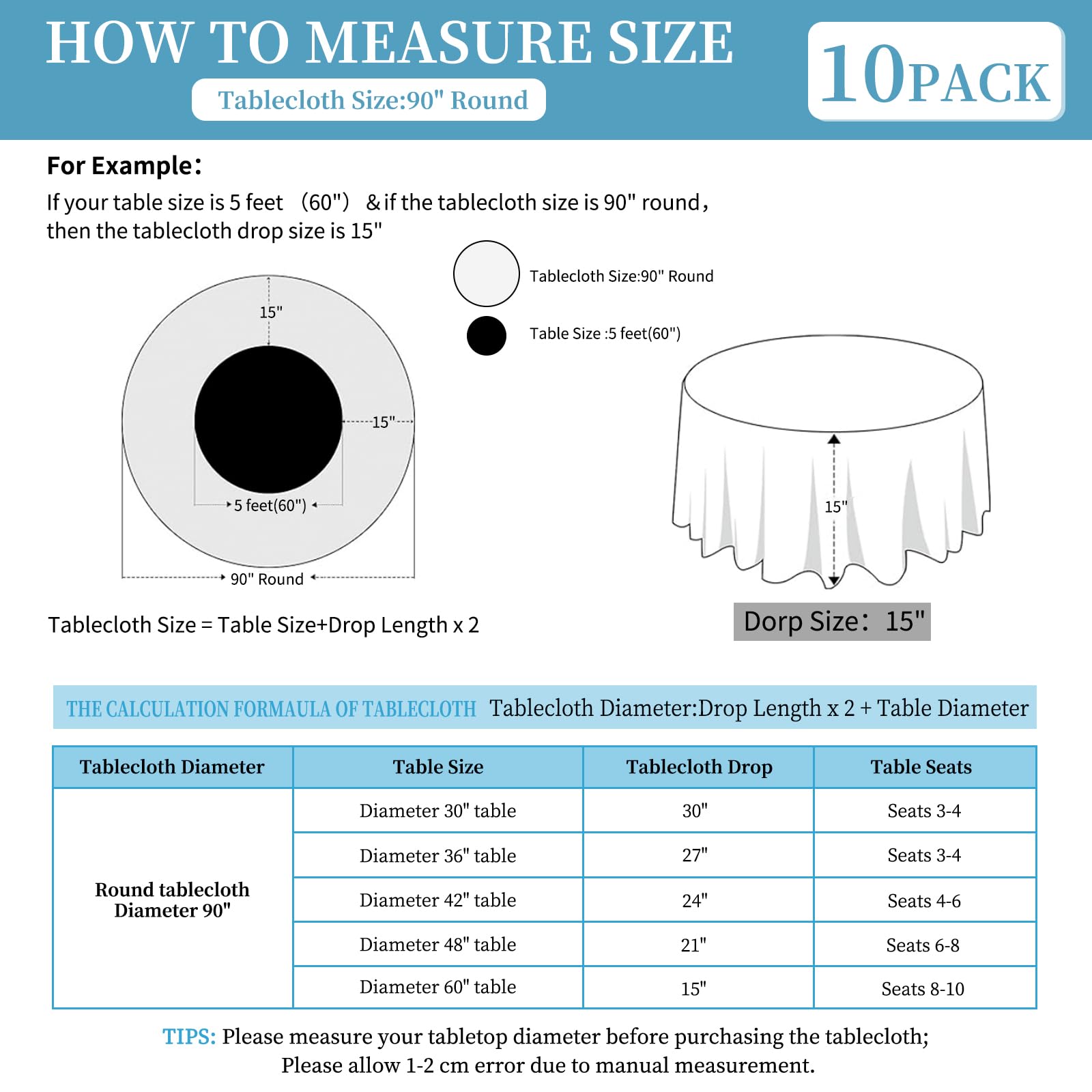 10 Stück Weiß Runde Tischdecke 229 cm,Runde Polyester-Tischdecke | Flecken- und Knitterfeste Tischdeckes,Waschbare Runde Tischdecken aus Stoff für Hochzeit, Bankettparty, Restaurant, Essen