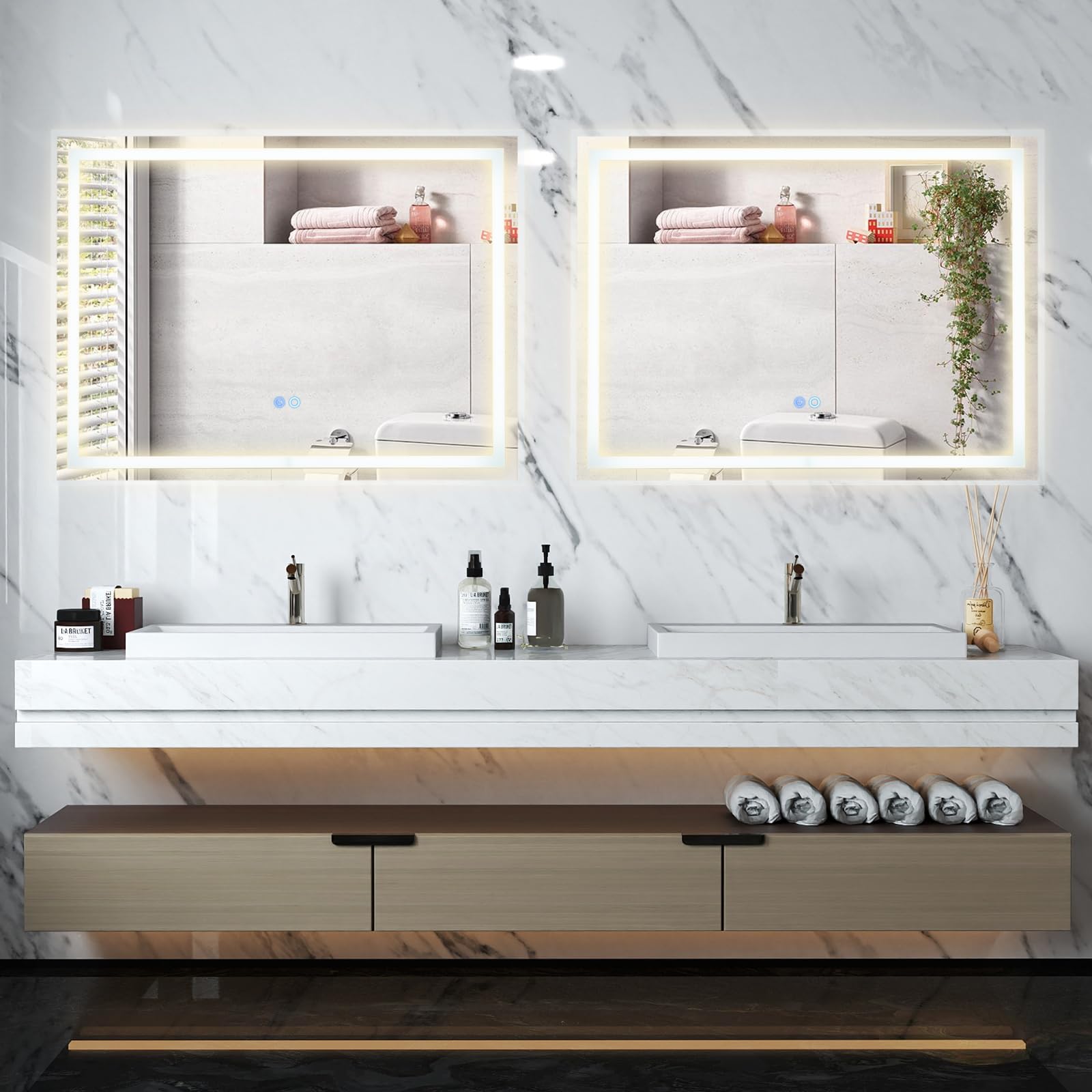 COSTWAY Lustro łazienkowe LED z oświetleniem, 80 x 60 cm lustro łazienkowe antyparowe, lustro ścienne z możliwością ściemniania z przełącznikiem dotykowym i funkcją pamięci, lustro LED lustro wiszące