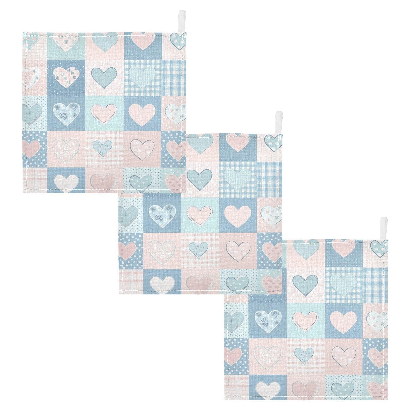 STAYTOP Grid Love Heart Muslin Baby Washcloths Pack of 3 - Soft Face Cloths for Newborn, Absorbent Baby Bath and Face Towels,Cotton Babies Wipes,Feeding Towels for Babies and Infants