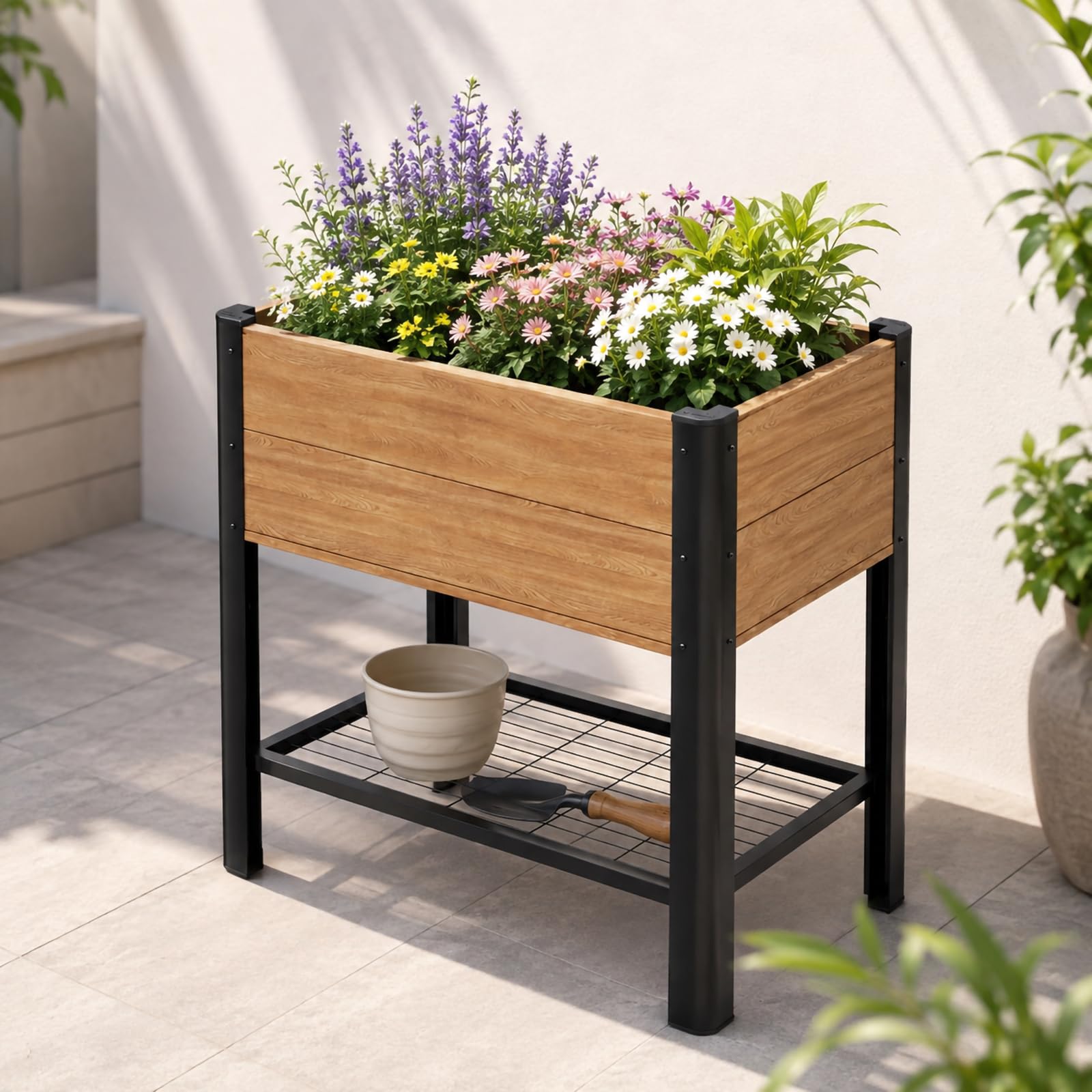 Fioriera Rialzata per Esterno con Pannelli Effetto Legno, Ripiano E Fondo Ventilato, Cassone Orto per Terrazza, Vaso per Fiori per Ringhiera E Piccolo Cortile,40 * 60 * 70cm/15 * 23 * 27in