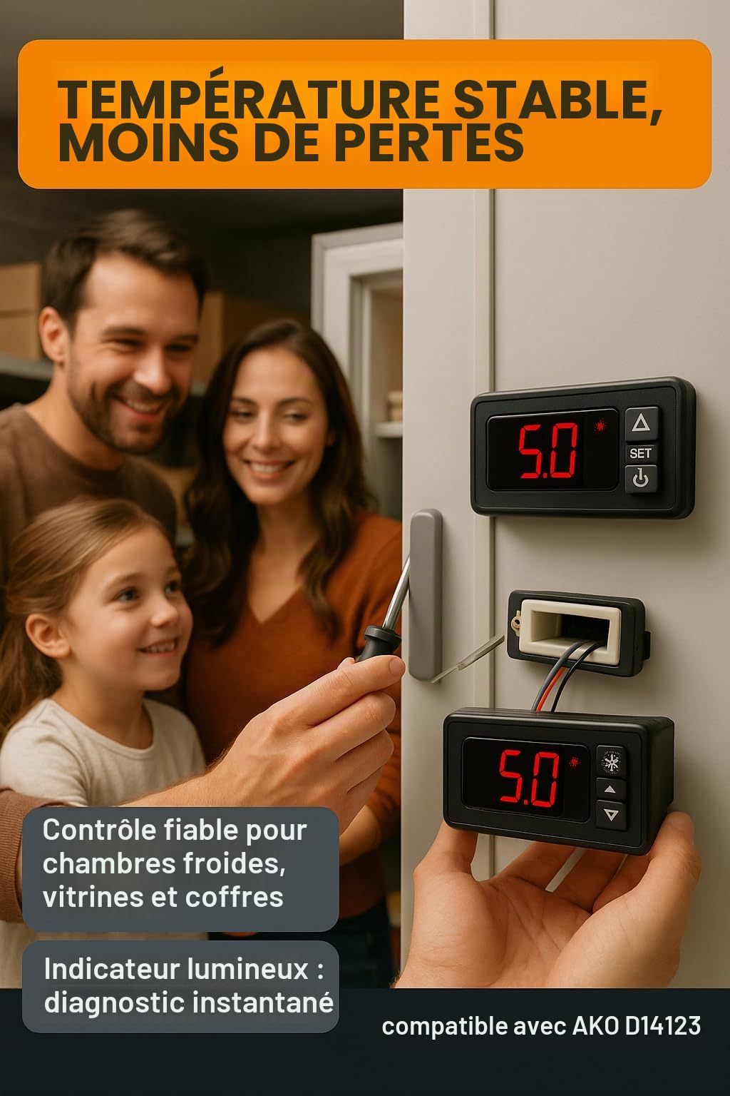 RO Linea Blanca Thermostat numérique panneau compatible avec AKO D14123 230 V 1 relais 16 A Plage -50 à 99 C Sonde NTC 1,5 m IP54 Mesure 71 x 29 Contrôle froid Chaleur Display LED pour caméras