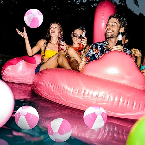 Miniatura 6 de Lunmon 24 bolas de playa inflables de color rosa y blanco, bolas redondas de PVC para piscina, regalos de fiesta en piscina, juguetes de juego para