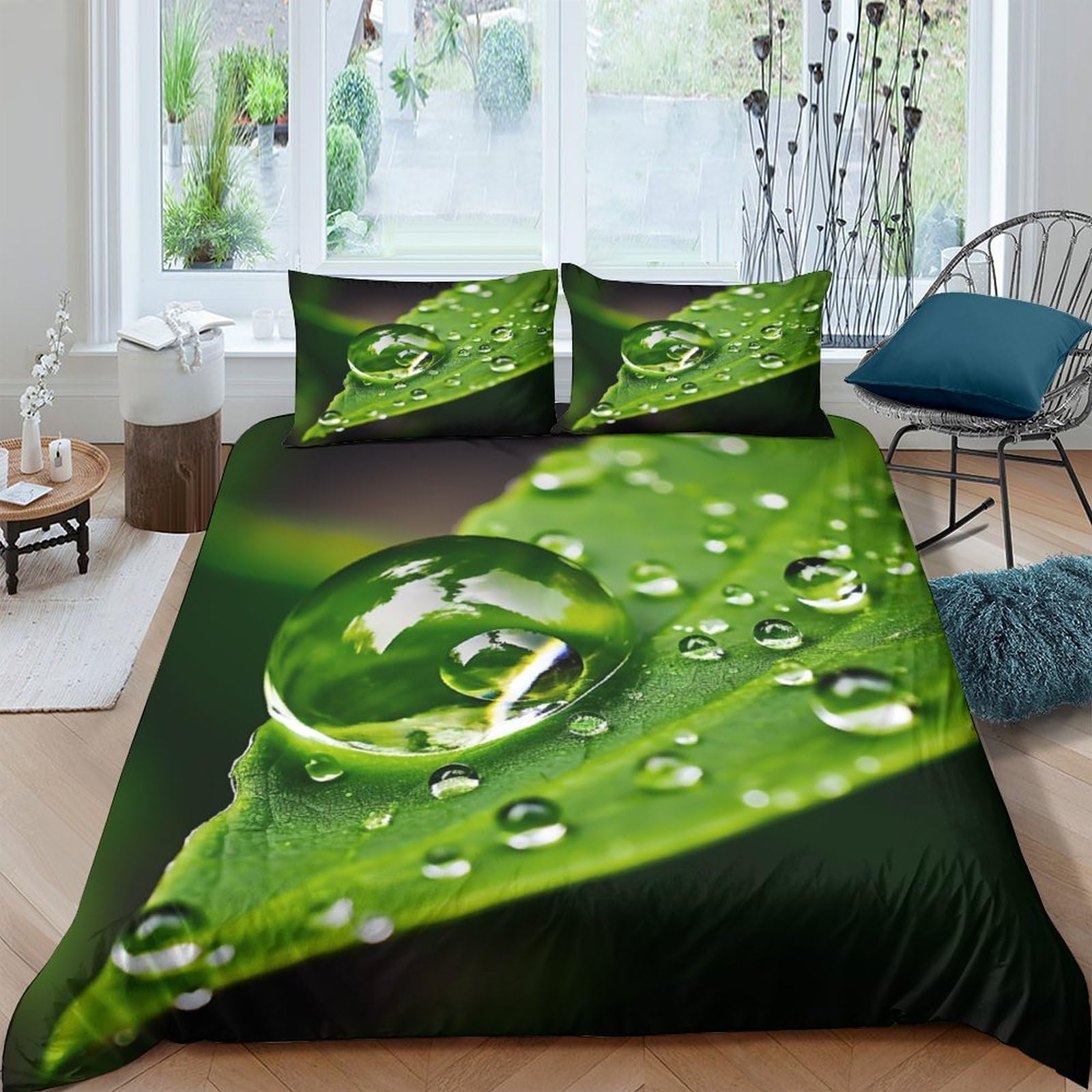 Housse de couette plante verte 200x200 microfibre avec ses 2 taies d'oreiller