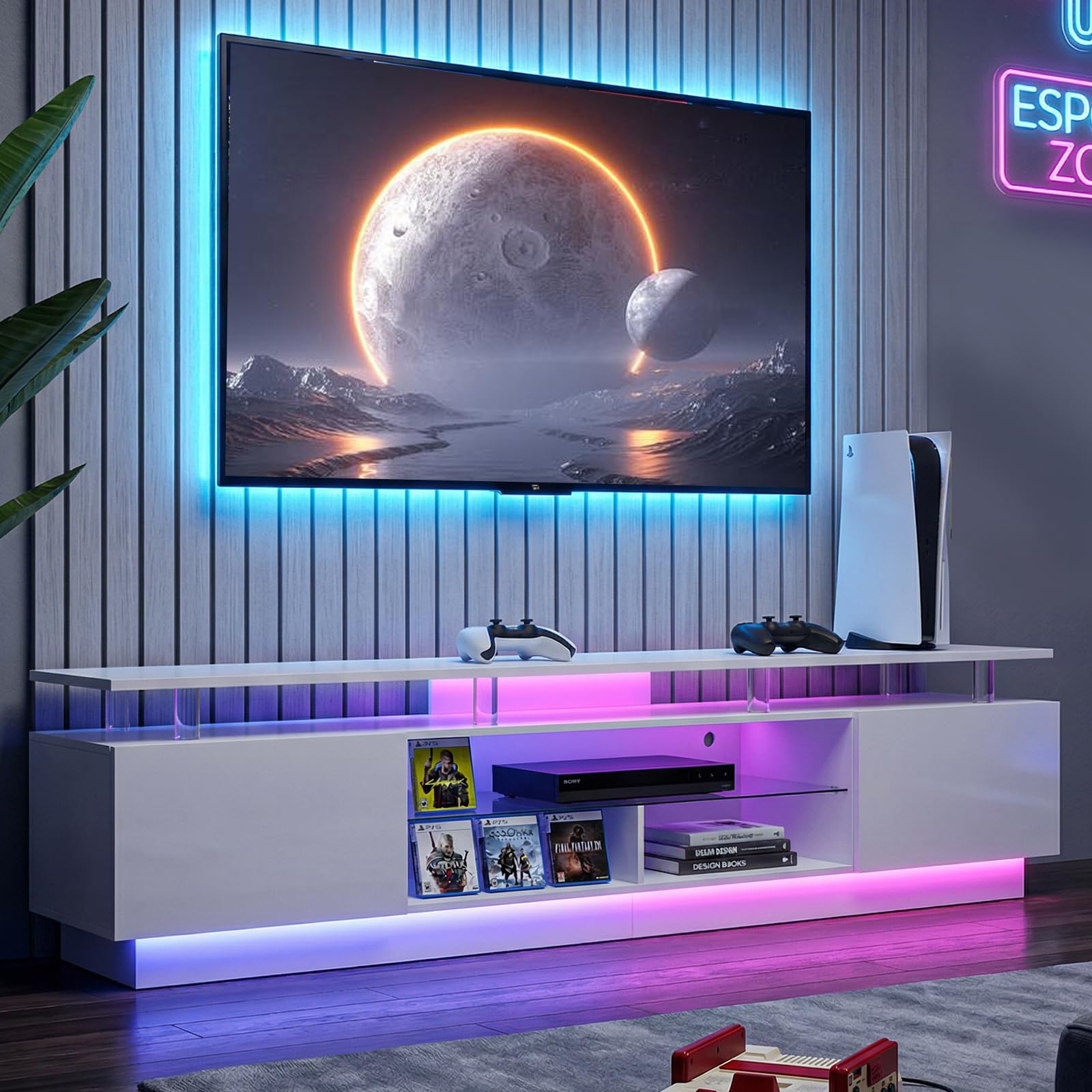 Aoxun 200cm High-Glossy TV Stand with 2 Side Cabinets, Storage Entertainment Center, Modern Stylish TV Console with 3 Layer LED Lights&Power Outlets,Remote&APP Control for Living Room Use White