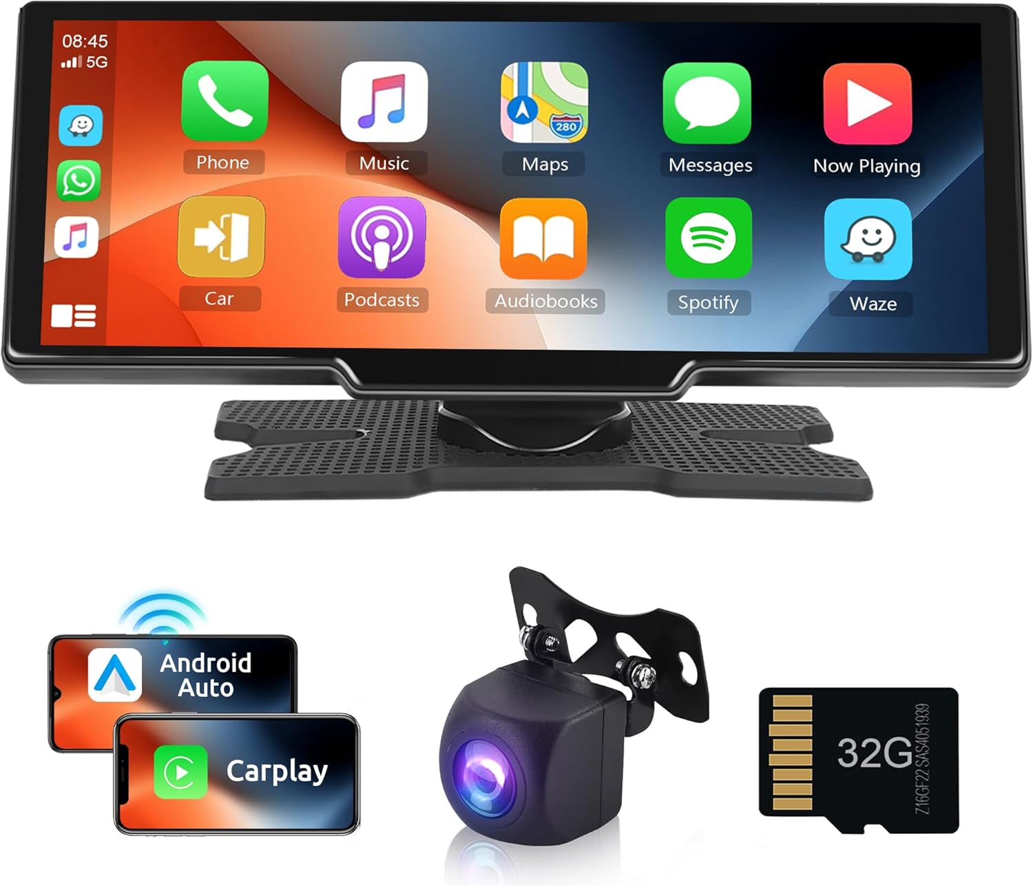 Draagbare autoradio met CarPlay Android auto, 6,86 inch touchscreen, 360 graden draaibaar, ondersteunt de opname van camera's voor en achter en Mirror Link Bluetooth FM AUX achtercamera en 64G TF