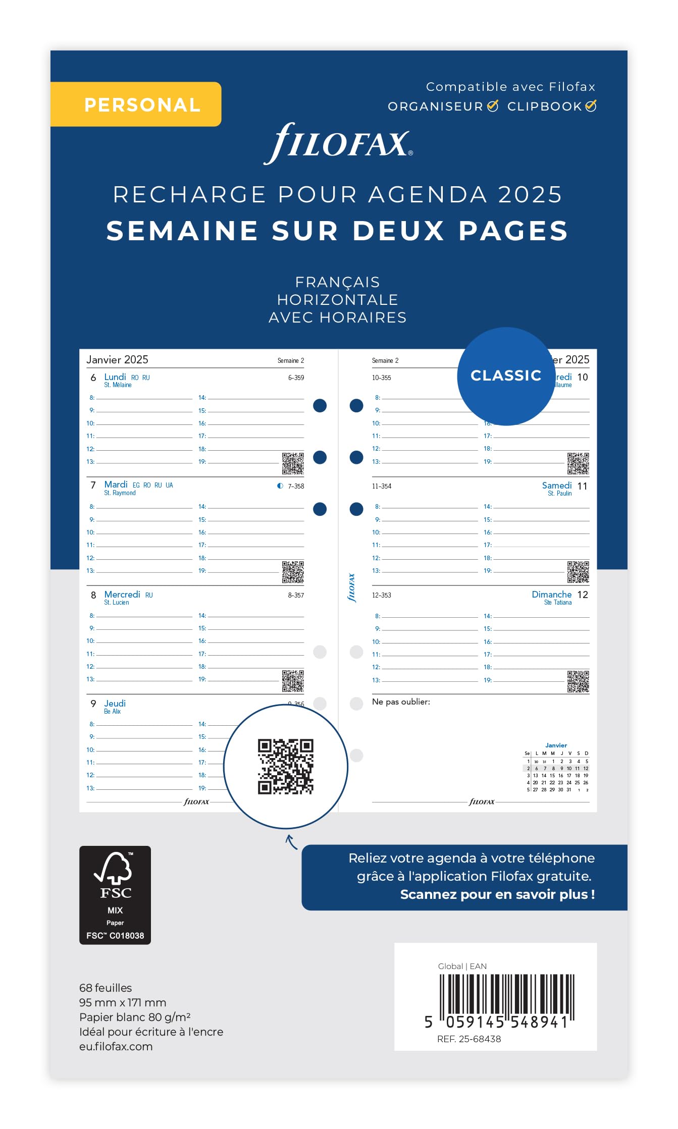 Filofax Personal 1 Week on 2 Pages Horiz.Lined French 2025