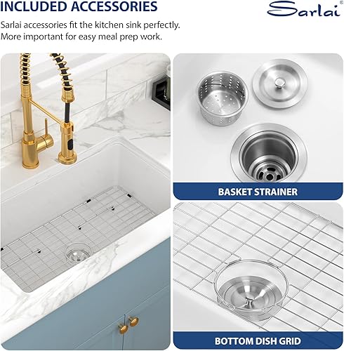 Miniatura 9 de Sarlai Fregadero de 32 pulgadas de arcilla refractaria blanca de 32 x 19 pulgadas, fregadero de cocina blanco de doble caída y montaje inferior,