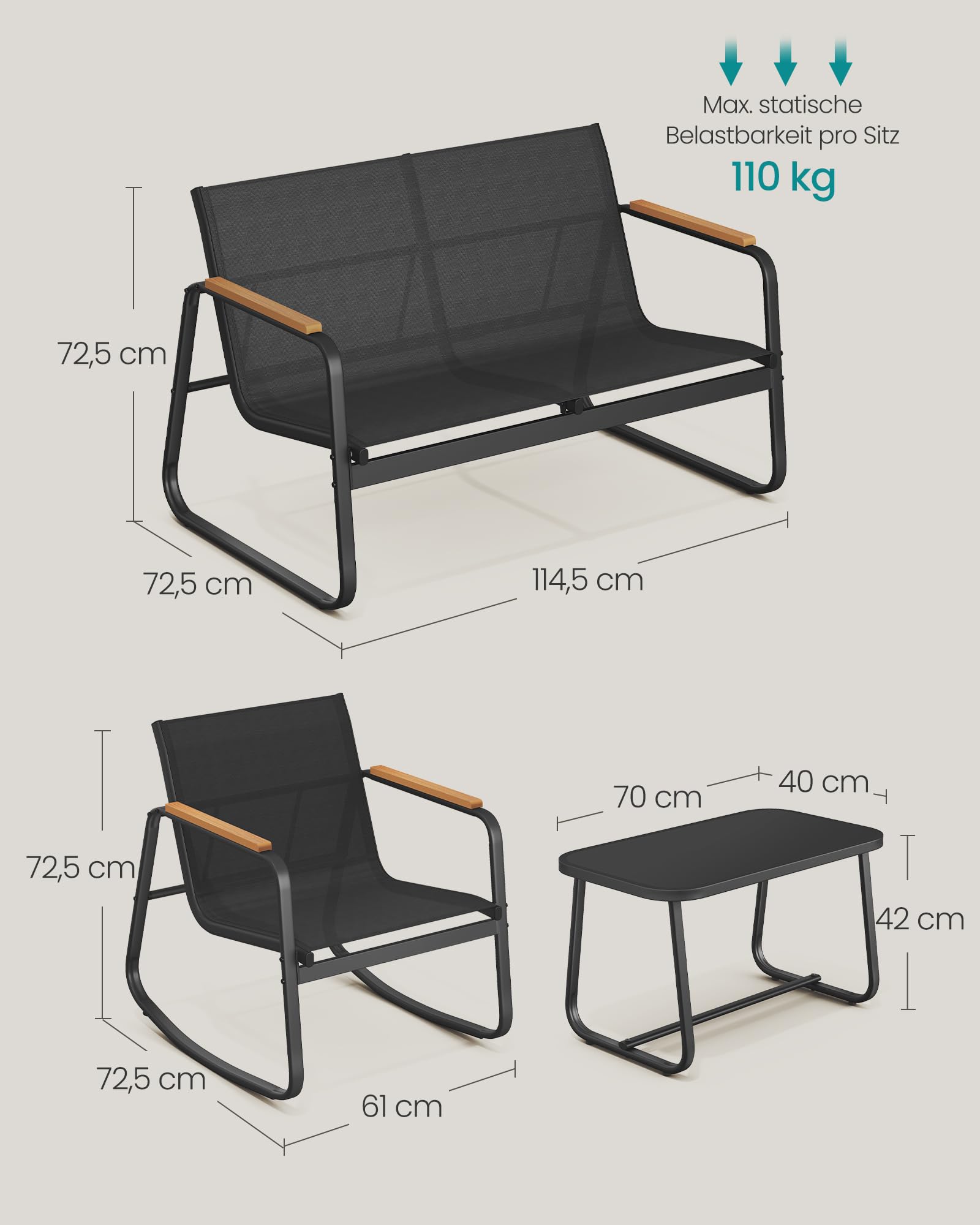 SONGMICS Gartenmöbel-Set, Balkonmöbel, 2 Schaukelstühle mit Tisch, Gartenbank, Stahl, Terrassenmöbel, mit Armlehnen, atmungsaktives Kunstfasergewebe, Terrasse, Balkon, Garten, tintenschwarz GGF0028B01
