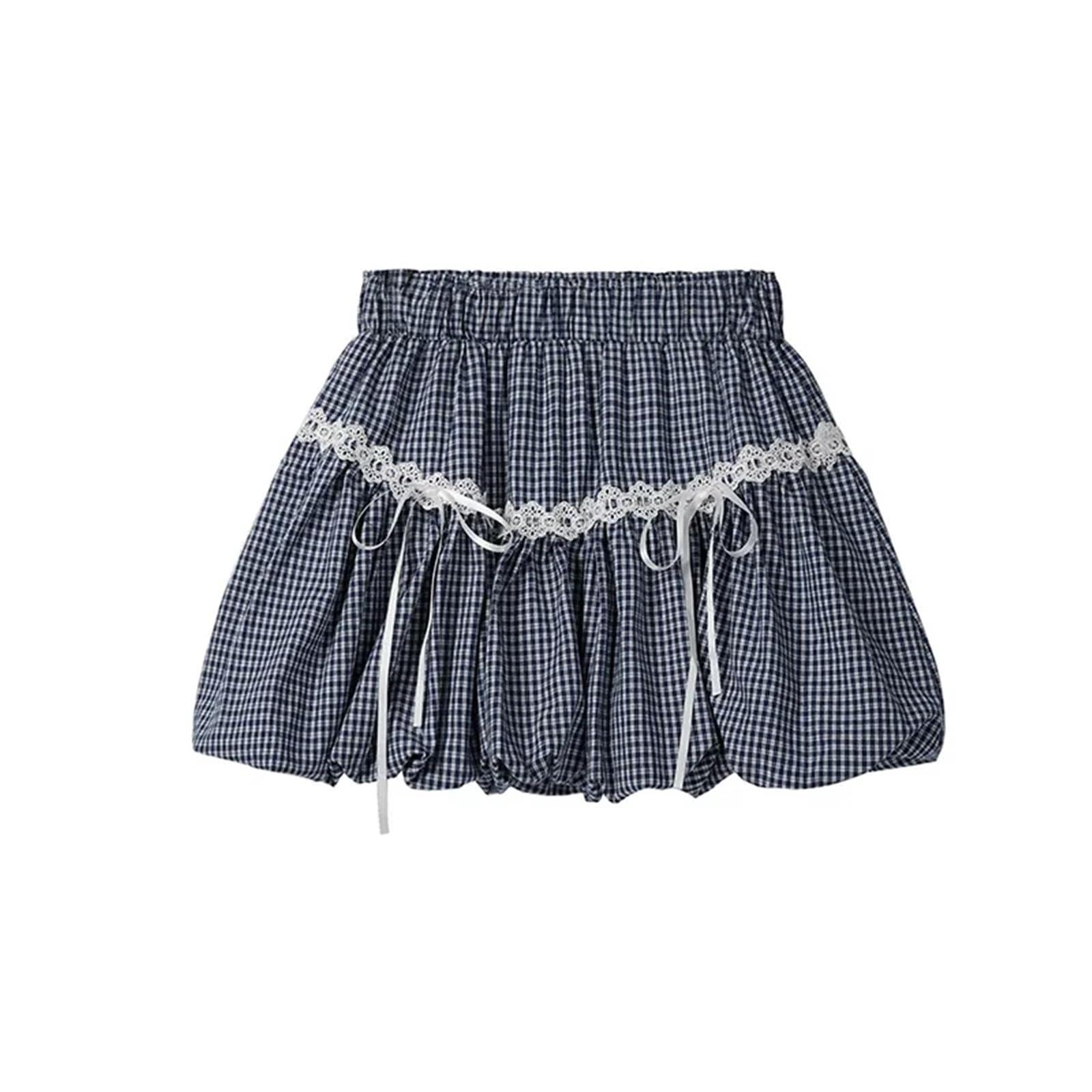 Falda De Burbujas Falda de encaje con lazo cuadros y cintura alta for mujer, versátil, abullonada, corte A, media falda