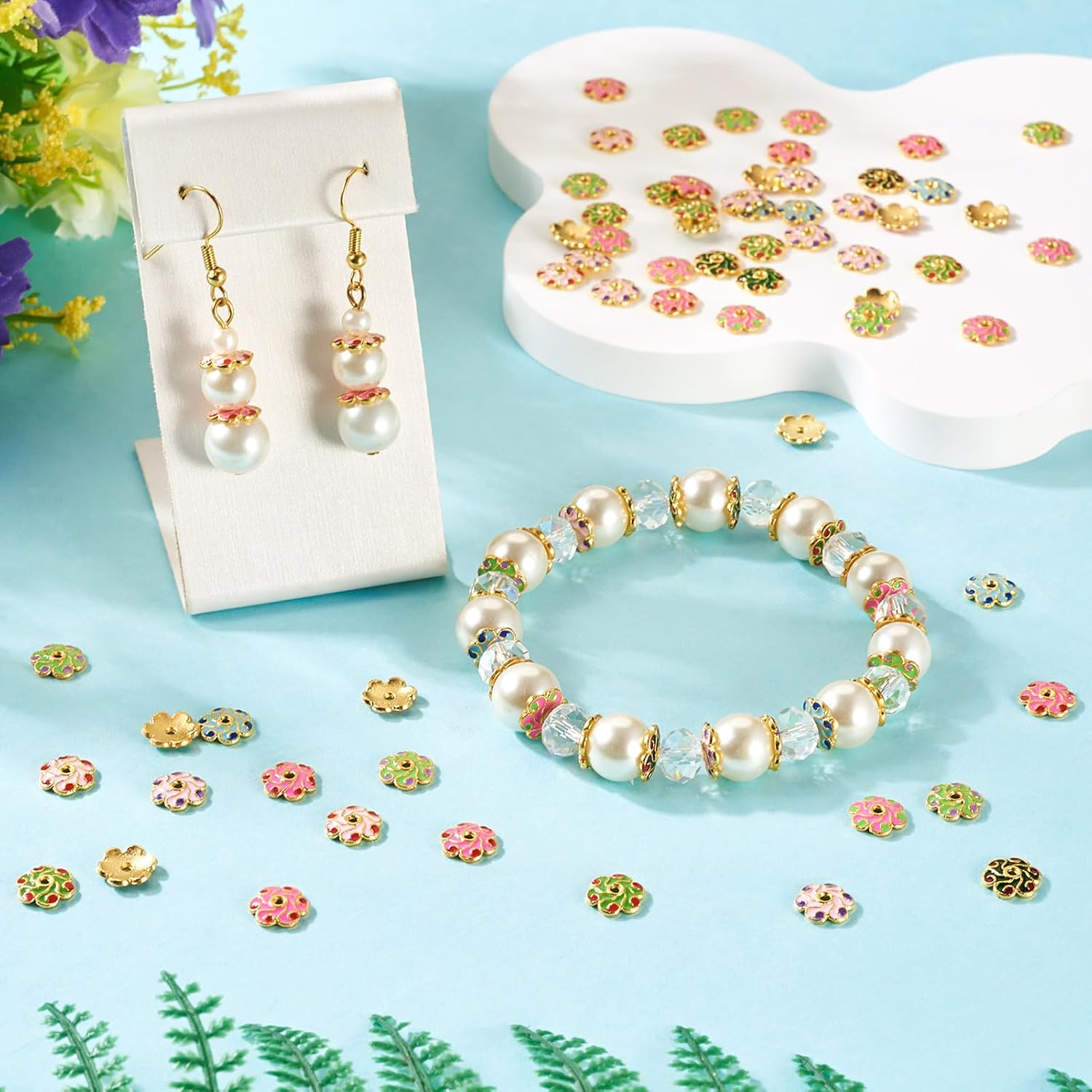 160Pcs Enamel Floral Bead Caps Golden Vintage Filigree Flower Metal Bead End Caps Alloy Flower Loose Spacer Beads 8x8.5mm for DIY Bracelet Earring Crafts Jewelry Making image 3