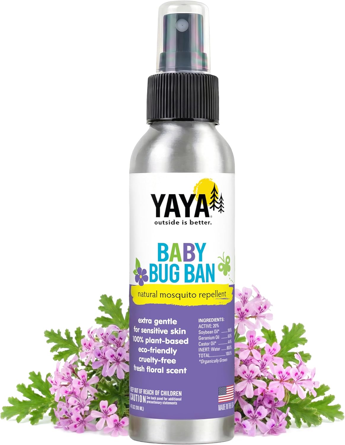 YAYA ORGANICS Baby Bug BAN - DEET-Free Natural Bug Spray – Plant-Based Mosquito Repellent for Kids, Babies, Pregnant Moms, Nursing Moms - Lightweight Non-Greasy, Made in USA, 8 oz