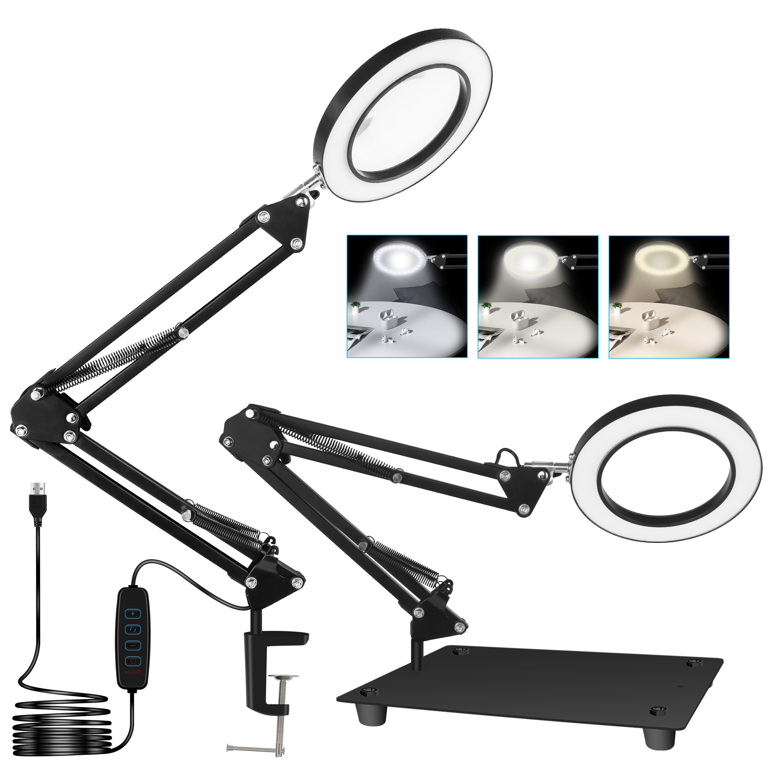 JUOIFIP10X Magnifying Glass with Light and Stand, 10X Magnification, Equipped with Real Glass, 3-color Modes and Infinitely Dimmable. Ideal for close-ups, Jewellery, Reading, Handicrafts and Hobbies