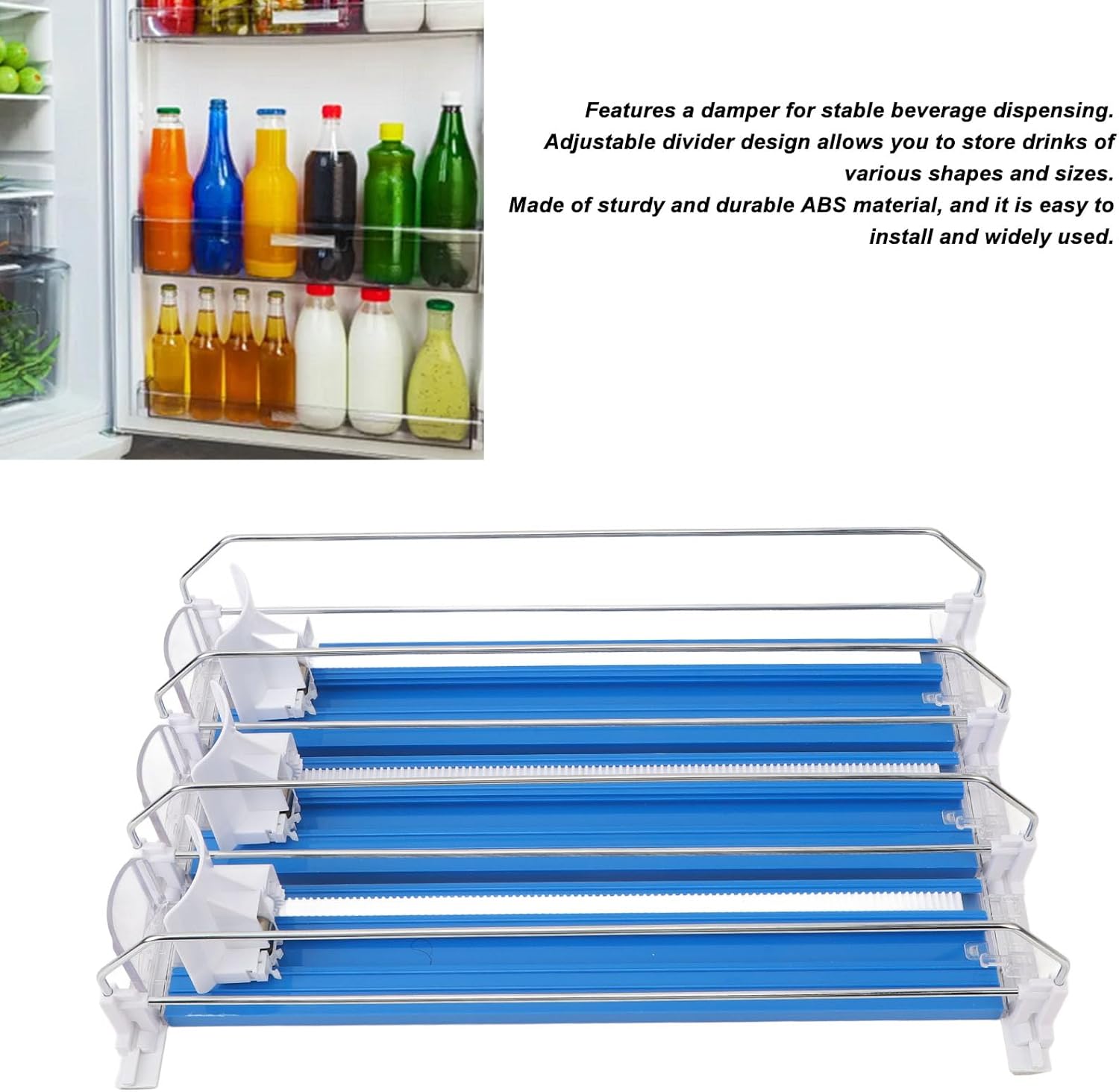 Pusher Glide Shelf for Refrigerator Supermarket, Labor Saving, Stabilizing Damper, Adjustable Divider, Automatic Drink Propeller (Black)(Blue)