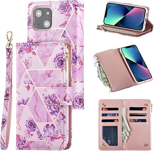 UEEBAI Funda tipo cartera para iPhone 14 Plus, funda de piel sintética con cierre magnético, bolsillo con cremallera, ranuras para tarjetas con