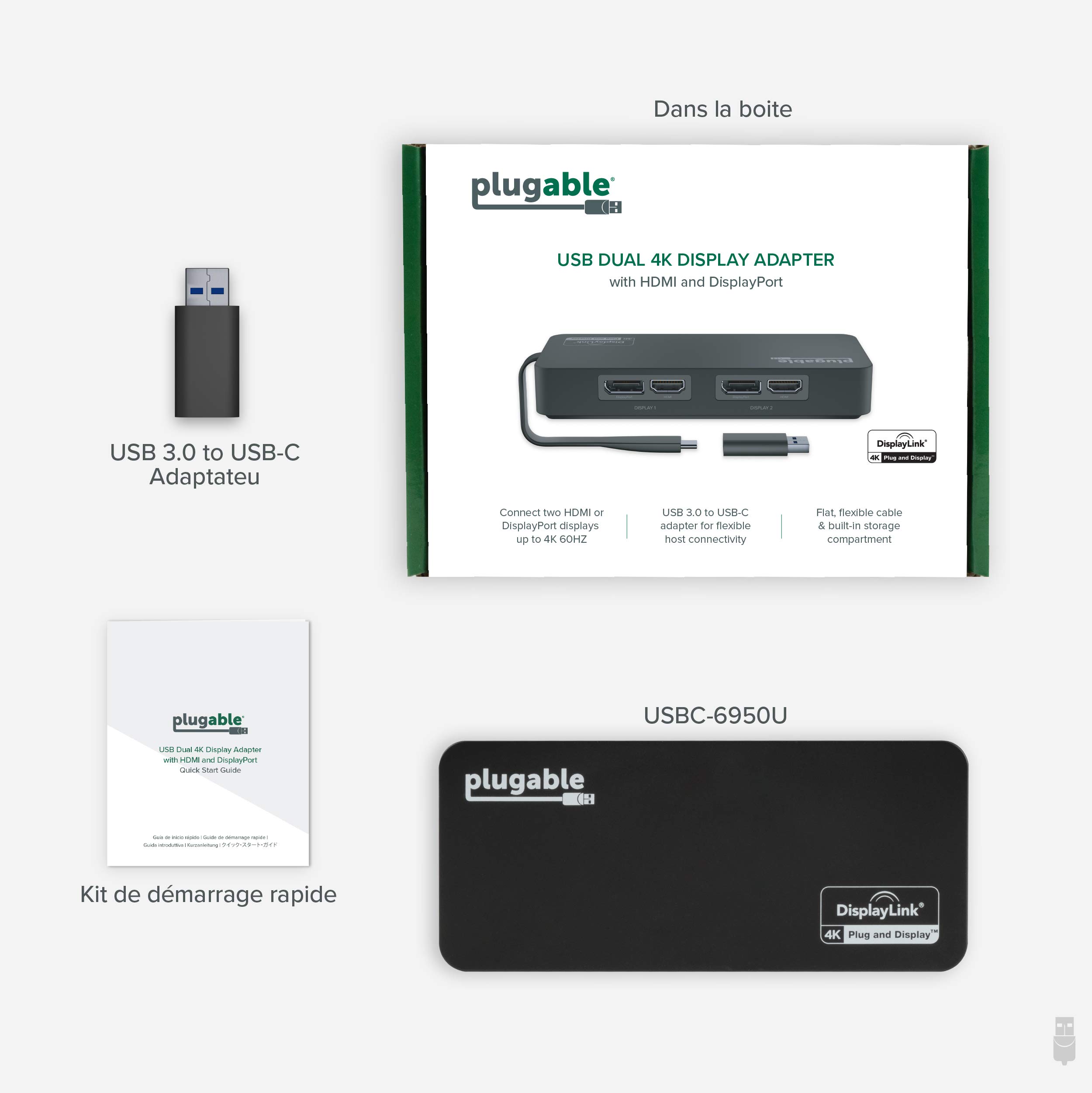 Plugable Adaptateur Double Moniteur 4K DisplayPort et HDMI pour USB 3.0 et USB-C, Compatible avec Windows