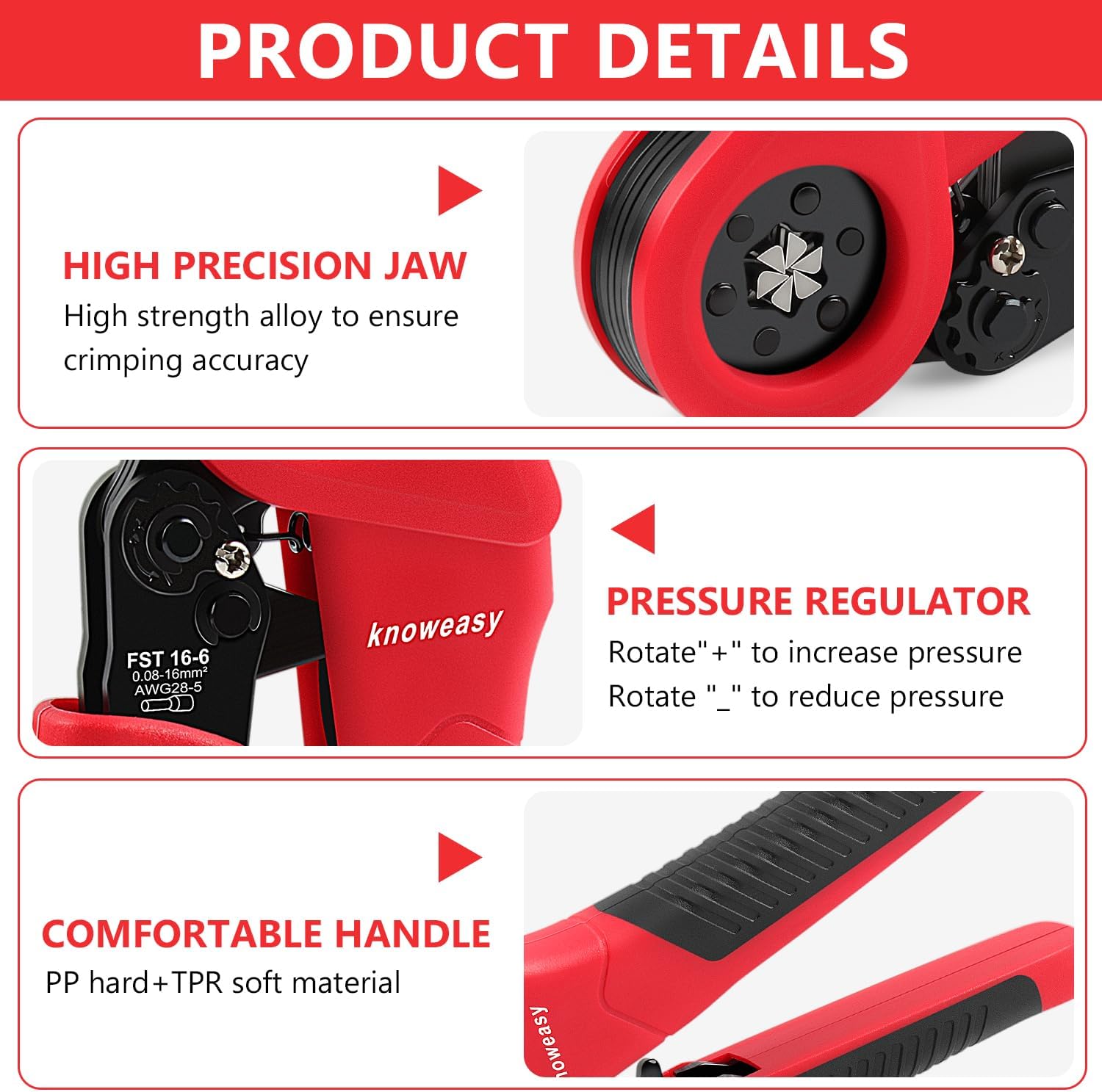 Knoweasy 16-6 Ferrules Crimp Tool and Hexagonal Wire Ferrule Crimper Used for 28-5 AWG/0.08-16mm² Cable End Sleeves Hexagonal Ferrule Crimper