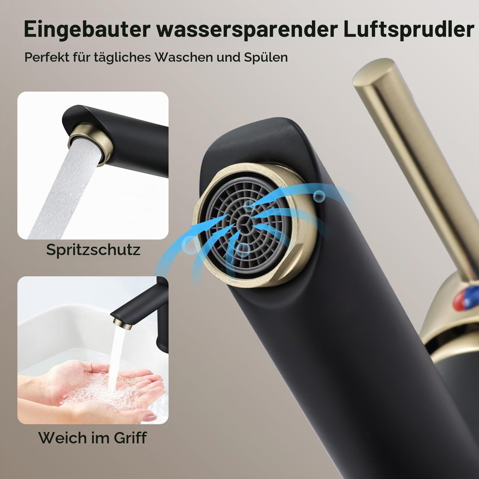 Hapilife Waschtischarmatur Bad Waschbecken Armaturen Schwarz und Gebürstet Gold Waschtischarmaturen, Monobloc Einhebel Heiß und Kalt Mono Waschraum Bad Wasserhahn mit UK Standard Schläuchen, Modern