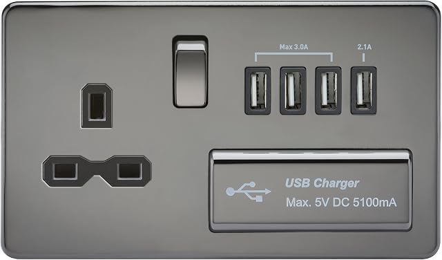 Knightsbridge SFR7USB4BN Screwless 1G 13A Switched Socket with Quad USB Charger 5V Dc 5.1A Nickel with Black Insert