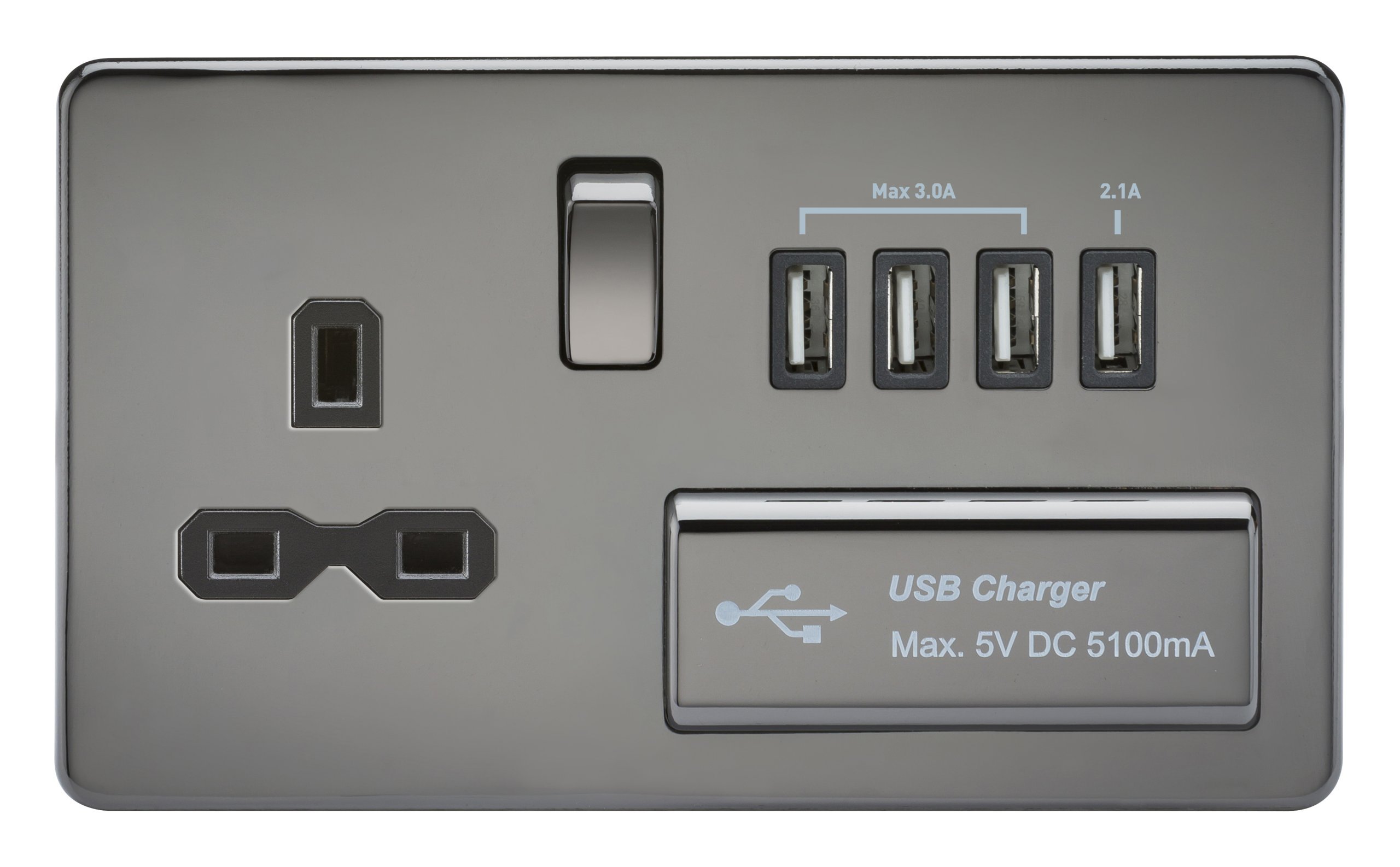 Knightsbridge Black Nickel Sfr7usb4bn Screwless 1G 13A Switched Socket With Quad Usb Charger 5V Dc 5.1A Nickel With Black Insert