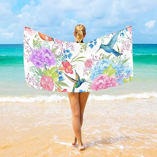 Miniatura 6 de OTVEE Toalla de playa de gran tamaño con diseño de pájaros y colibríes, 31 x 71 pulgadas, extra grande, ligera, suave, absorbente, sin arena, de