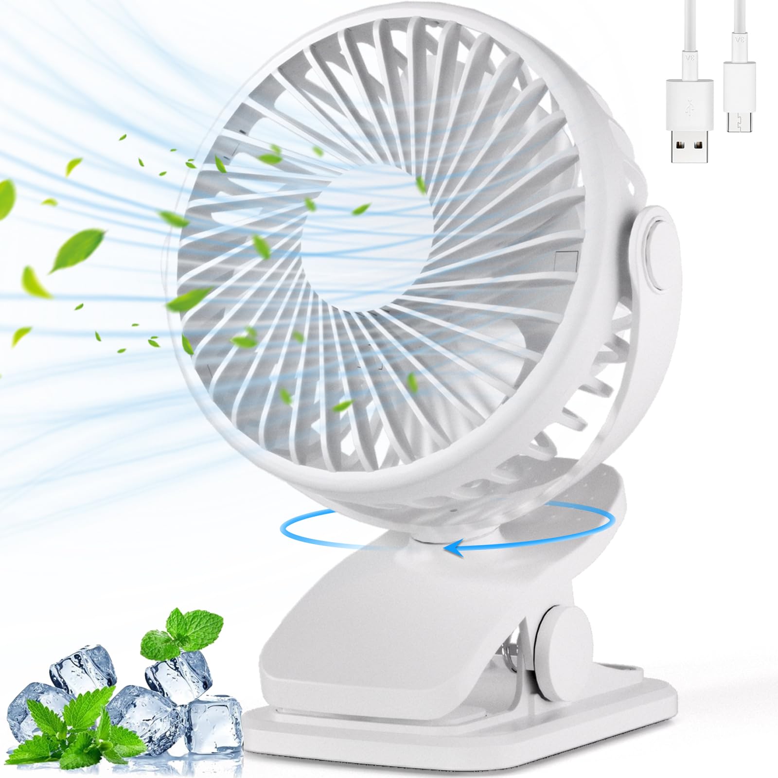 BDXXJ Portable Clip on Fan, 360° Rotate Battery Operated Stroller Fan, 3 Speed Quiet Mini Personal Desk Fan, USB Rechargeable Cooling Fans for Outdoor Camping Golf Cart Stroller Home Office White