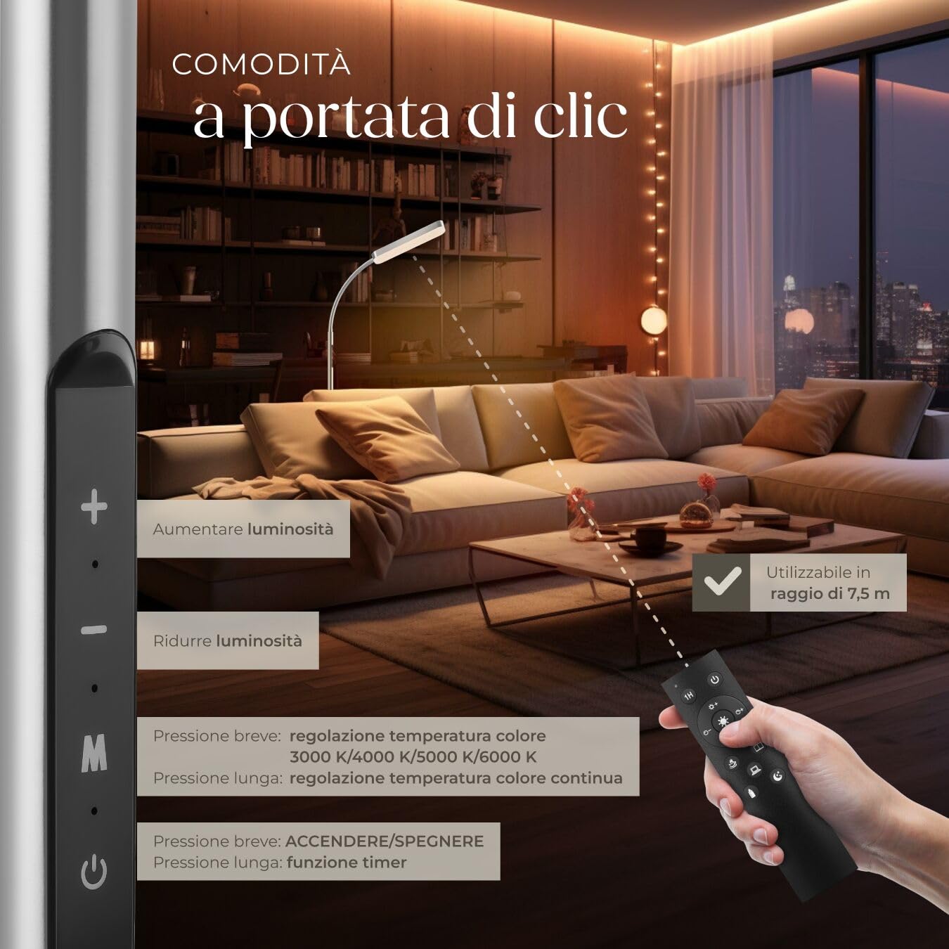 tectake® Lampada da Terra LED 12W, Piantana LED con Luce da Lettura Integrata, Arco Flessibile, Dimmerabile, Temperatura Colore Regolabile, Pannello Touch, Telecomando Magnetico - Argento