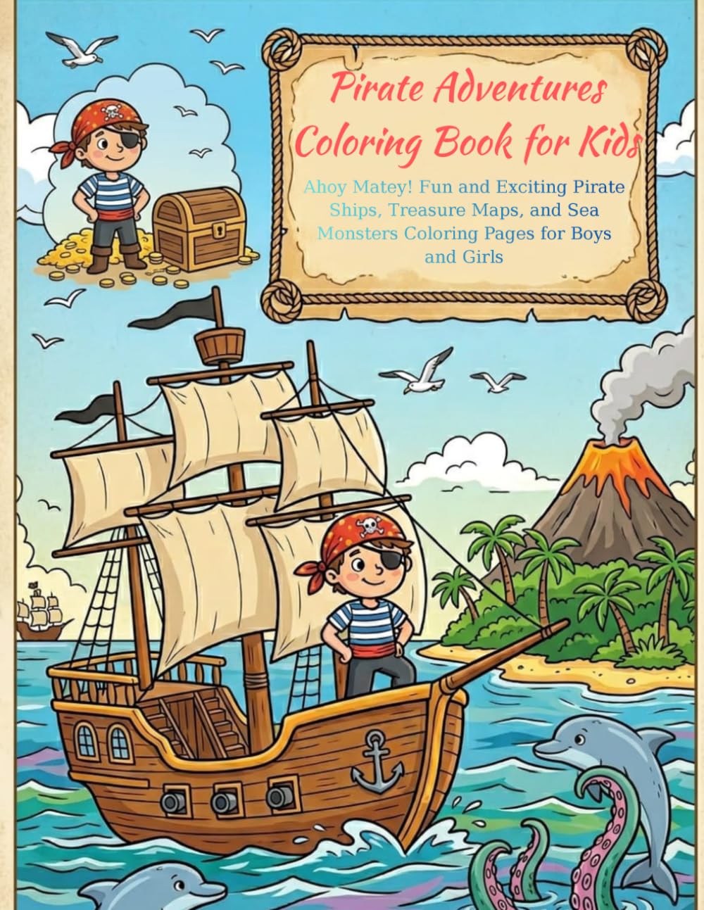 Pirate Adventures Coloring Book for Kids: Ahoy Matey! Fun and Exciting Pirate Ships, Treasure Maps, and Sea Monsters Coloring Pages for Boys and Girls