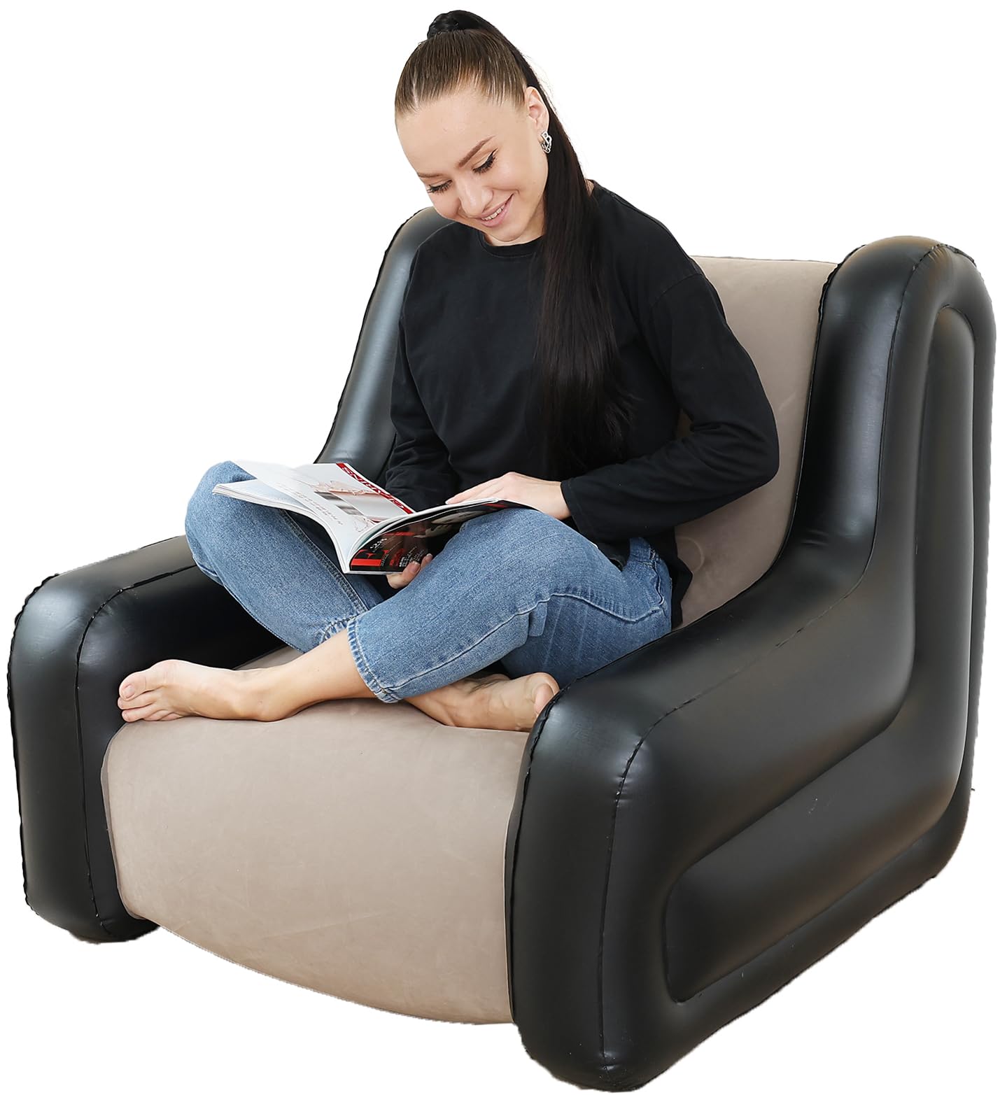 LONEEDY Sofá inflable de dos tonos con reposabrazos, asiento inflable, tumbona para sala de juegos, camping al aire libre, sofá de jardín, tela de felpa suave para adultos y niños (caqui)