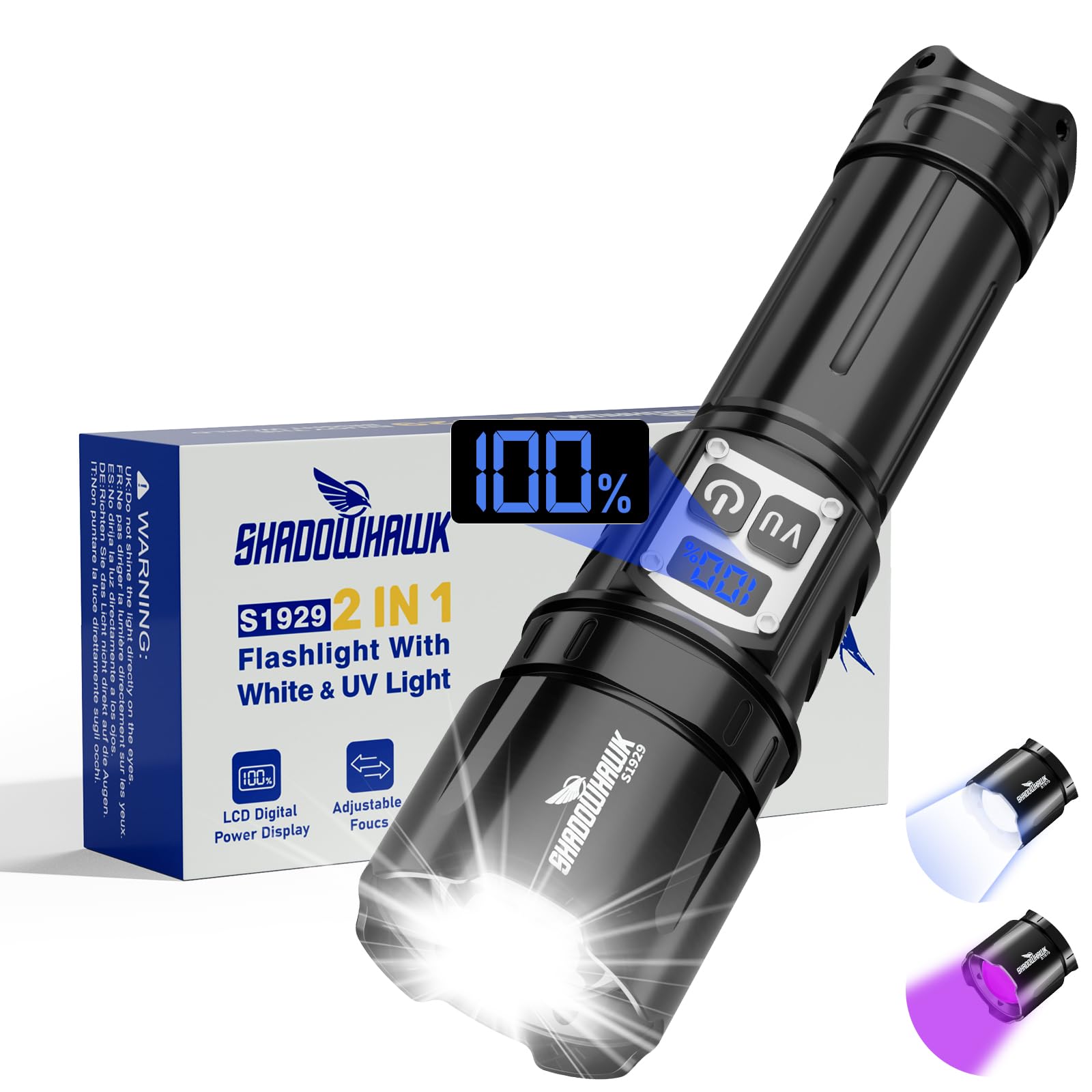 Shadowhawk 2-in-1 LED/UV Taschenlampe Aufladbar mit Dual-Switch | 500000 Lumen Extrem Hell Taschenlampen mit UV Schwarzlicht für Inspektion/Camping/Outdoor, Stufenloses Dimmen, Bequeme Bedienung