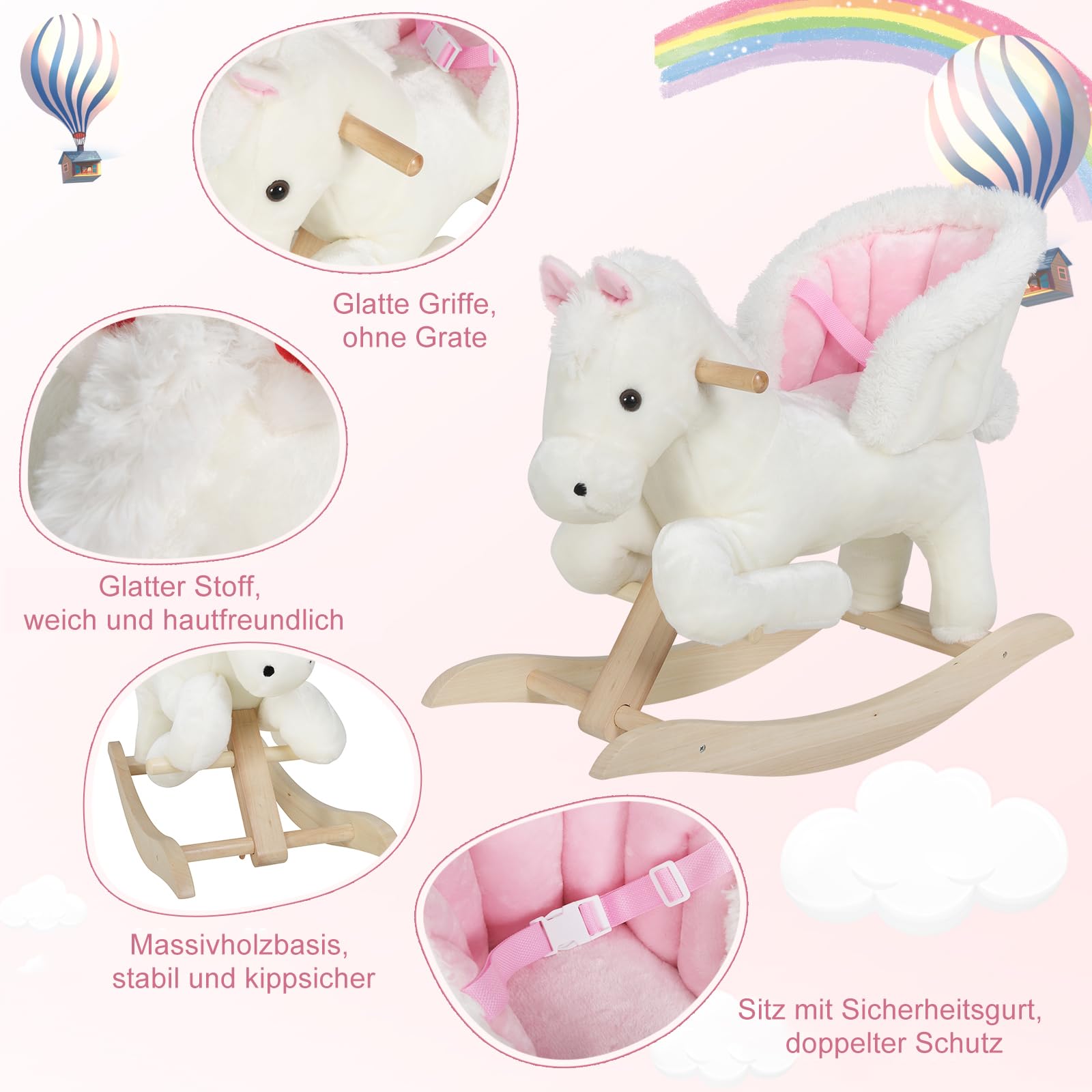 WOLTU Plüsch Schaukelpferd für Babys 18-36 Monate, Schaukeltier mit Soundfunktion, Sicherheitsgurt und hoher Rückenlehne, Baby Schaukelpferd aus Massivholz, Weiß Rosa