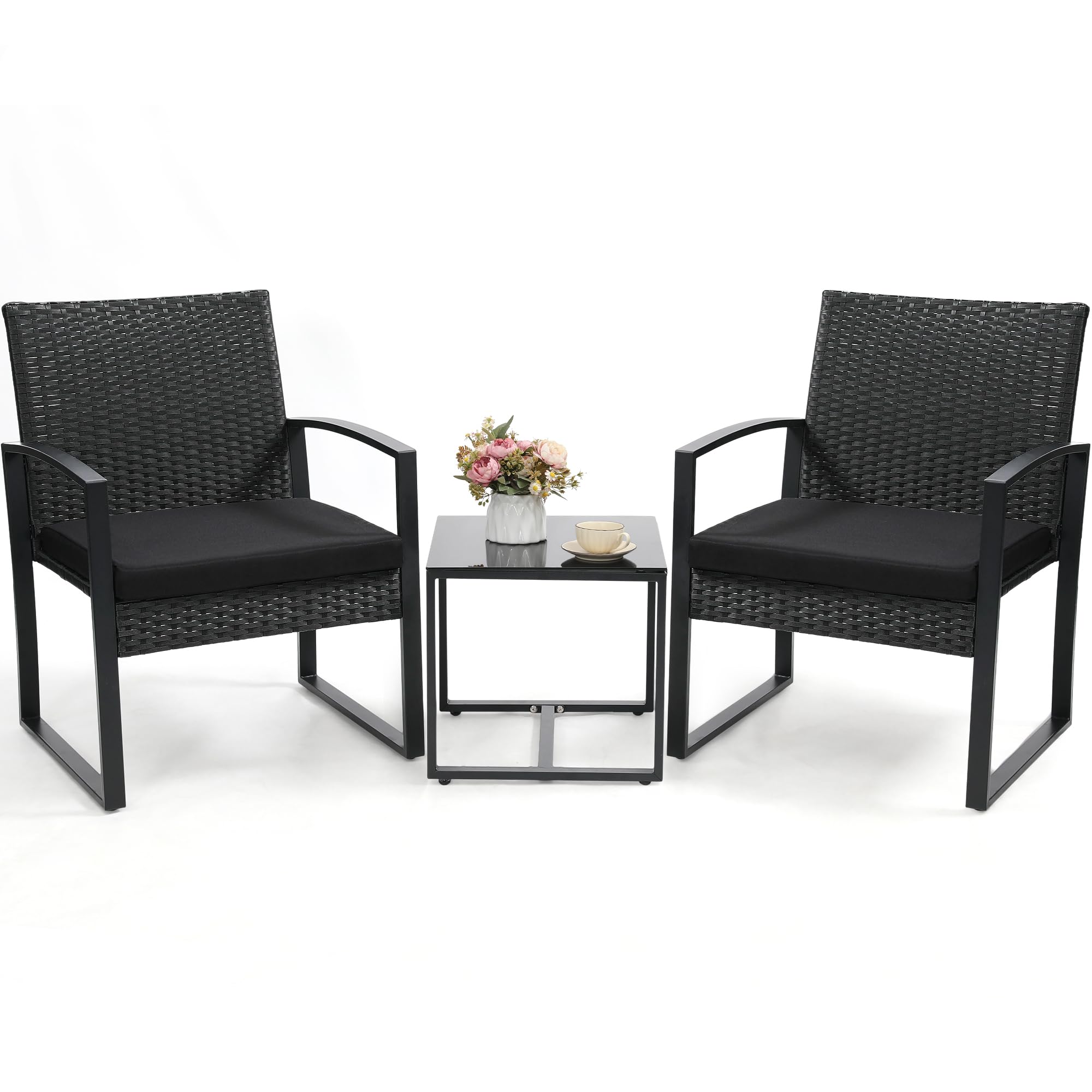 3 Piece Wicker Patio Bistro Set Rattan Conversation Set with Coffee Table for Balcony Porch Garden Yard Poolside