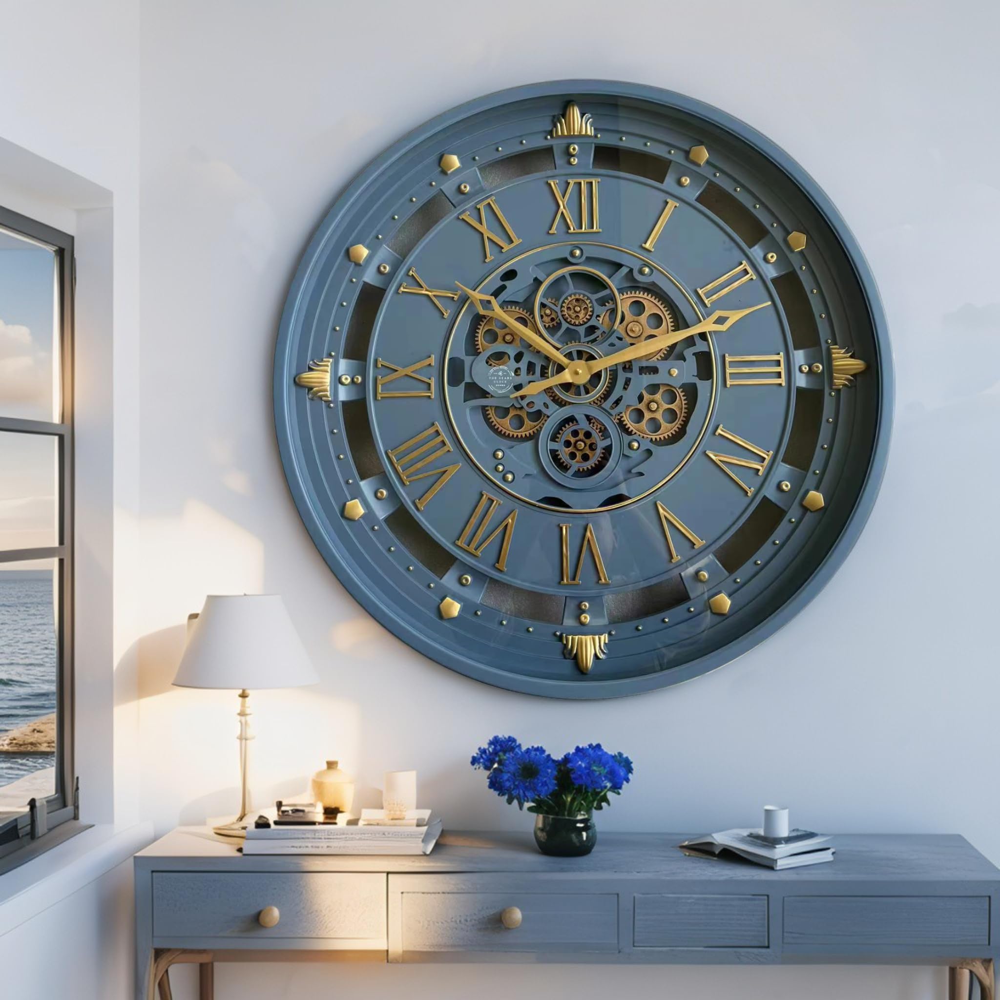 The Gears Clock Wanduhr 26 Zoll mit echten beweglichen Zahnrädern, Belgische Linie mit Glasabdeckung, Grau, 66 cm
