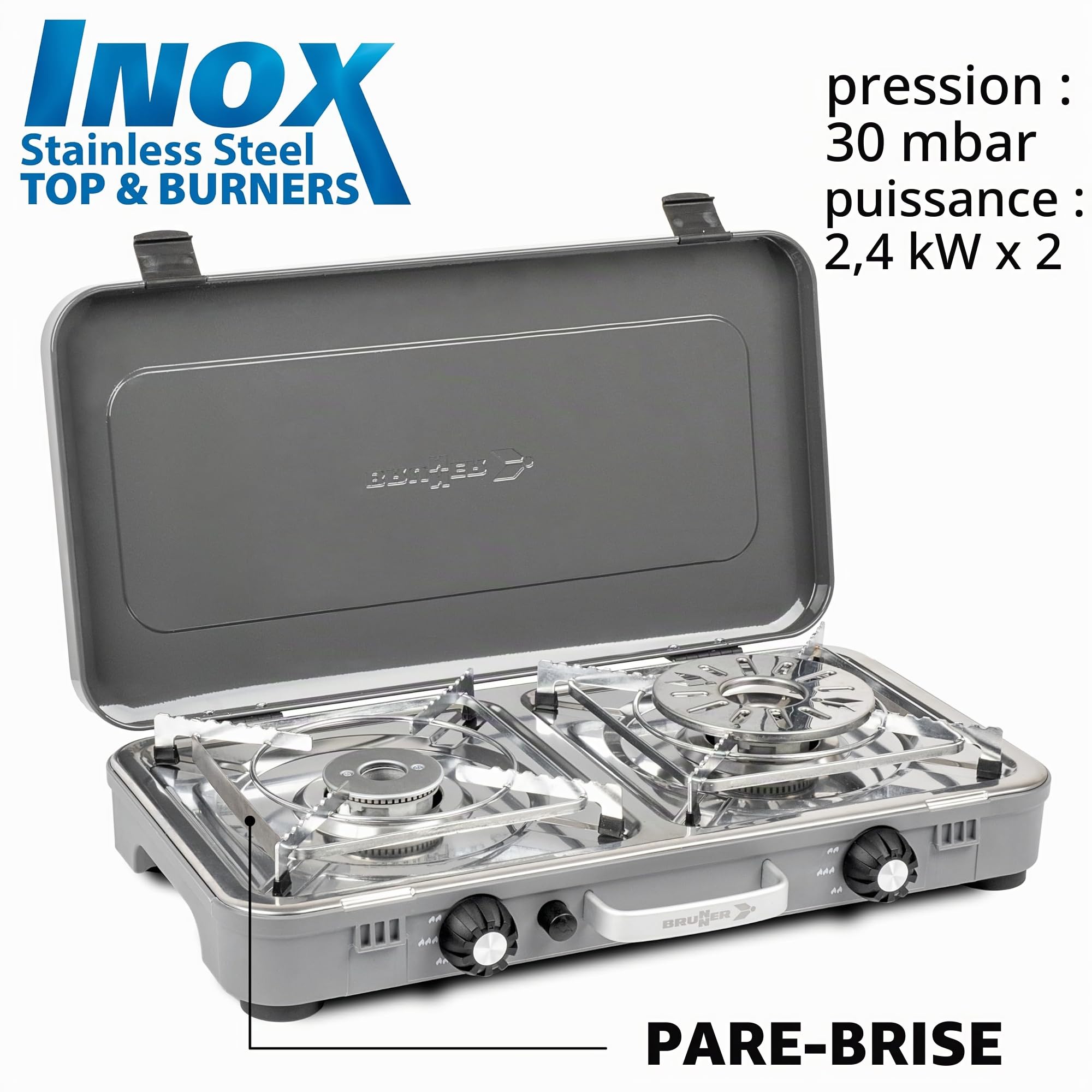 Brunner Cuisinière à gaz DEVIL KOOKMASTER GP - Double brûleur de 2,4 kW, allumage piézoélectrique, couvercle et poignée de transport, avec plaque lisse/rayée, 30mbar - Parfait pour la cuisine