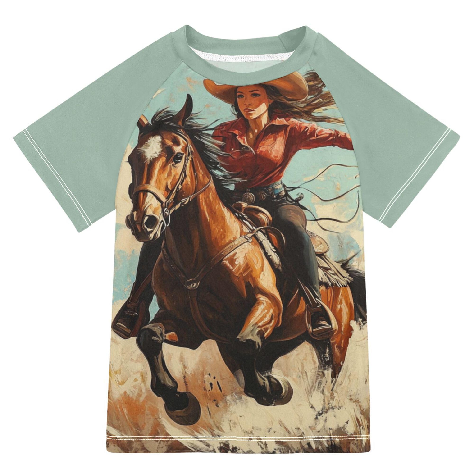 Western Cowgirl Wild West Kids Bathing Suits Girls Sun Protection Girl Swim Rashguard Swimwears Basketball Tshirt for Toddler Boy 5-6T