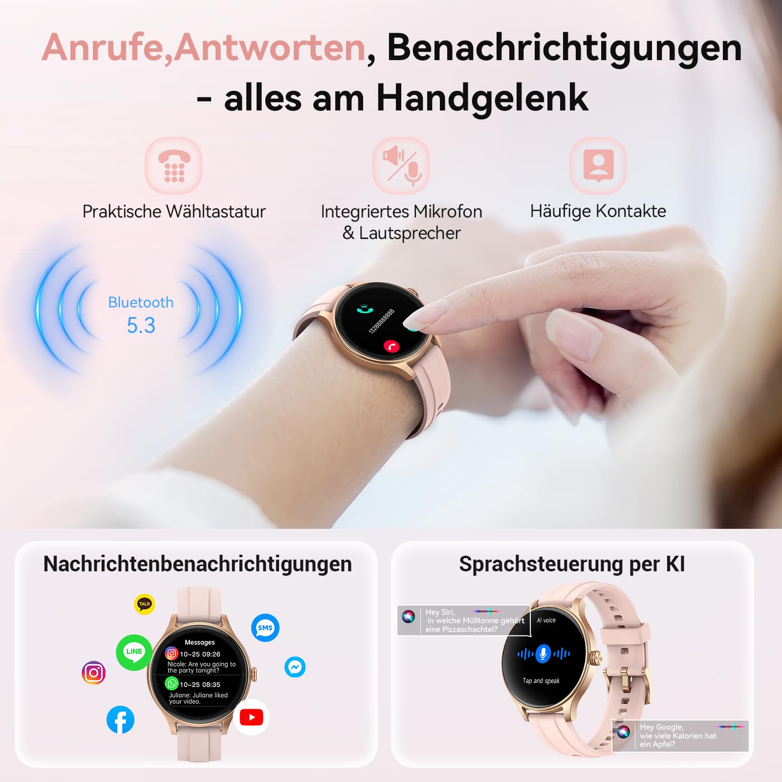 Smartwatch Damen Rund, 1.57" Smart Watch mit Telefonfunktion/Whatsapp, Fitness Tracker mit Herzfrequenz/Schlafmonitor, Fitnessuhr Damen 120+ Sportmodi 3ATM Wasserdicht, Uhr für Samsung/Android/iOS