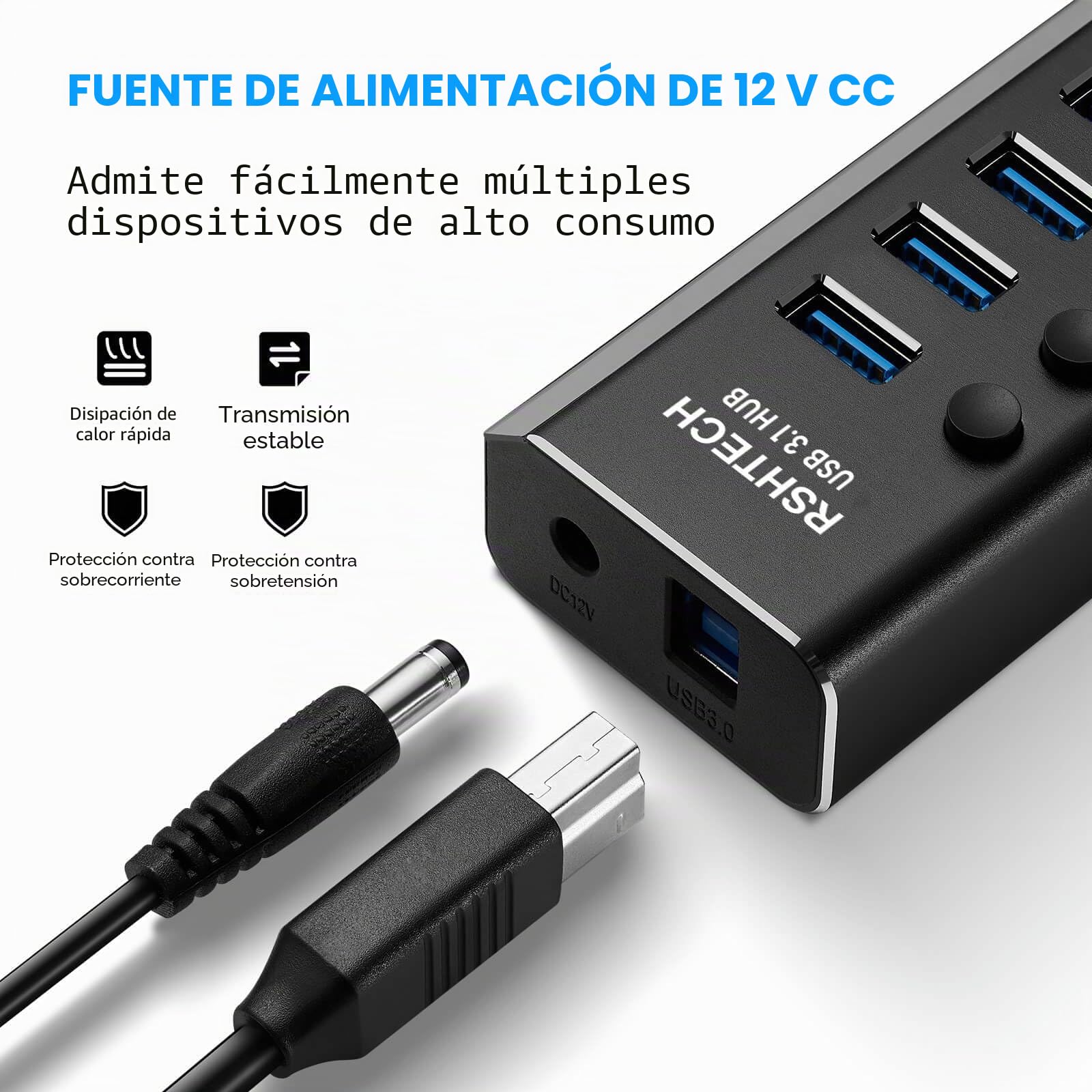 RSHTECH Hub USB 3.0 13 Puertos, Aluminio Concentrador Multipuerto con Alimentación 12V/6A, Protección contra Sobrecorriente y Sobretensión, Interruptor Independiente y Cable Datos 10 Gbps *2.RSH-A13