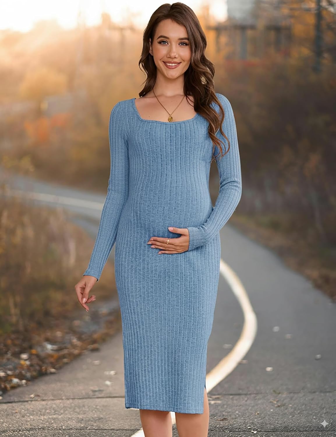 Long Sleeve Maternity Sweater Dress for Fall Winter, Knit Ribbed Maternity Bodycon Dress - Image 4