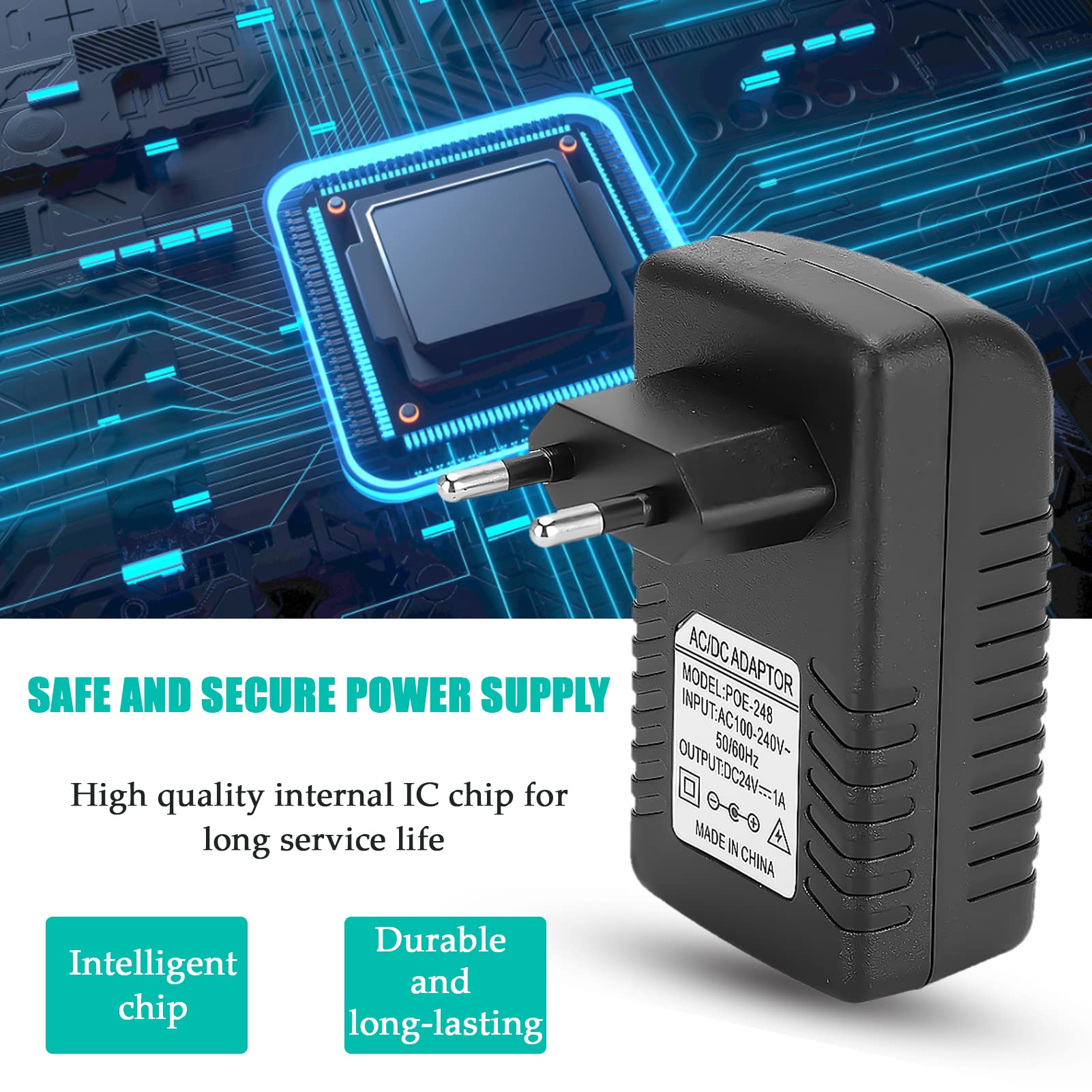 Iniettore POE con presa a muro, alimentatore adattatore di rete DC 24V 1A, presa POE, presa a muro Power Over Ethernet, adattatore Ethernet Adattatore di rete adattatore POE, per dispositivi Bluetooth