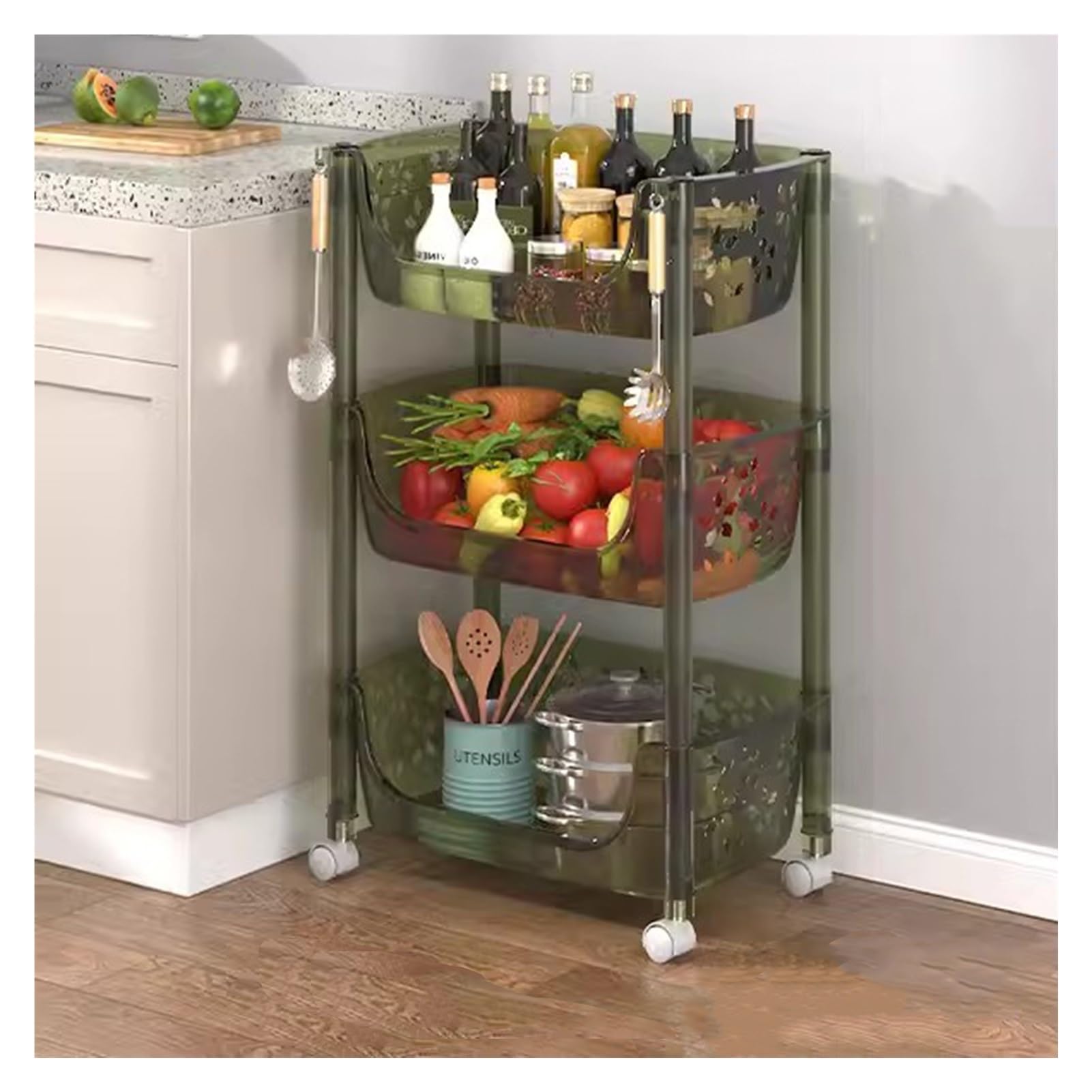 Carrito de almacenamiento rodante para organizar frutas, verduras y cocina sin esfuerzo 1