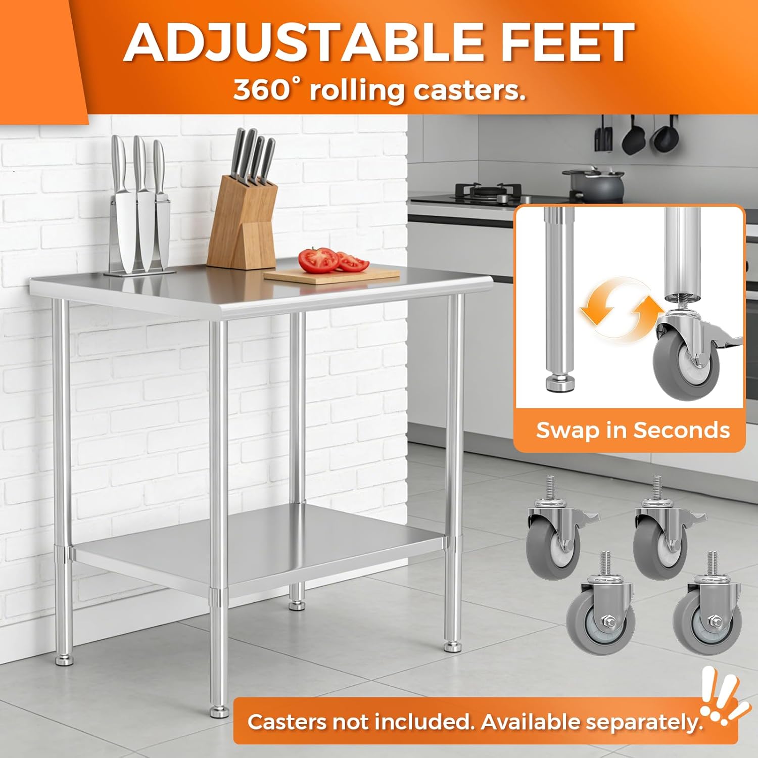 All Stainless Steel Work Table, Heavy Duty Prep Table 30x36 Inch with Stainless Steel Undershelf & Replaceable Feet & Casters Commercial Workstation for Restaurant Kitchen Garage Outdoor