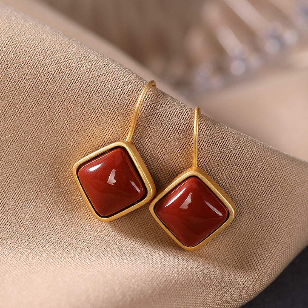 Vintage Largo Aretes De Plata Esterlina S925 Mujeres Chapado En Oro Geometría Ágata Roja Encanto Elegante De Estilo Chino De Gama Alta De Temperamento Temperamento Don