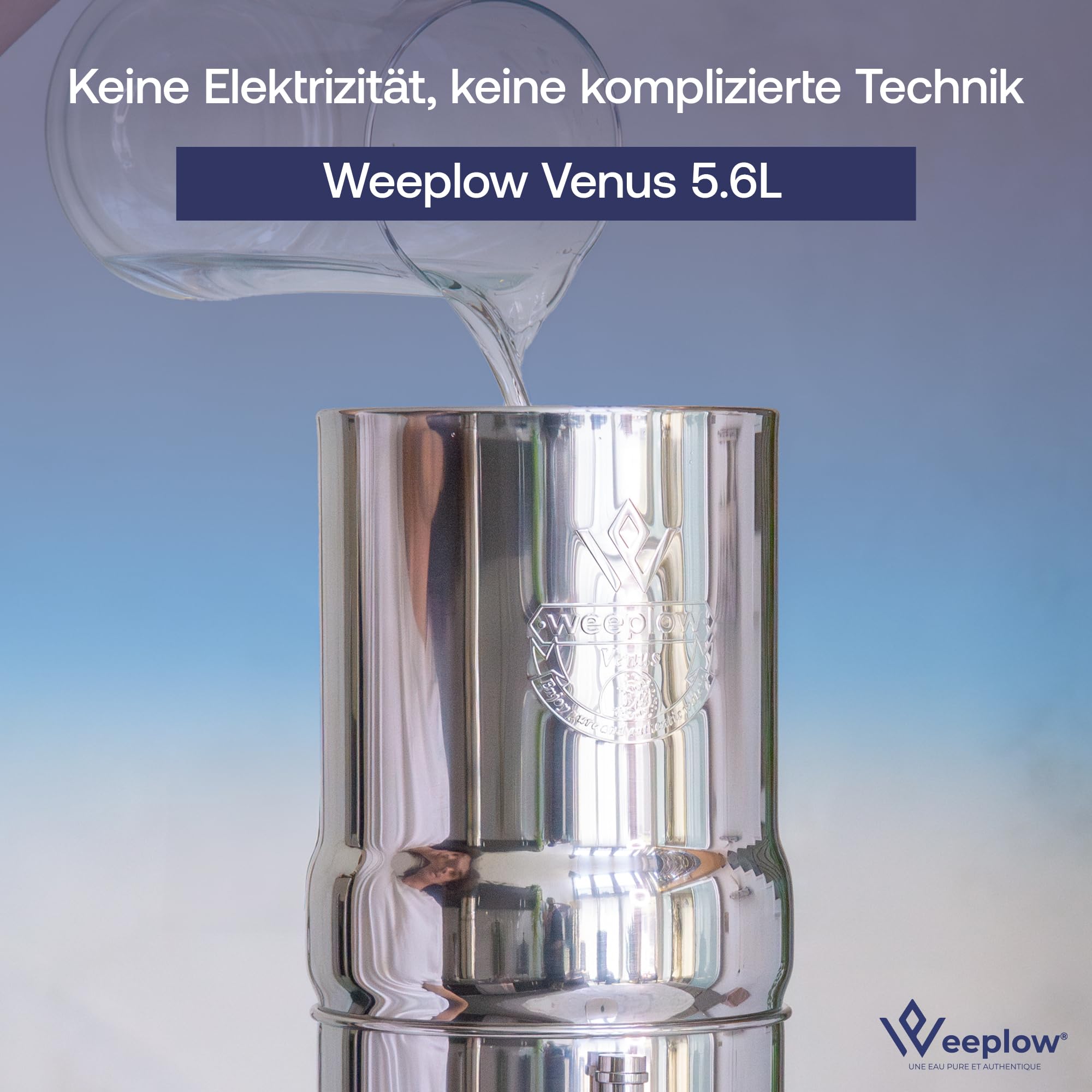 Weeplow Venus ECO Schwerkraft Wasserfiltersystem 5,6 L Edelstahl AISI 304 | AISI 304 Edelstahl mit Auslaufhahn aus Edelstahl. 2 O'Pure 2 Filterelemente enthalten. Filtert ohne Strom und Anschluss.
