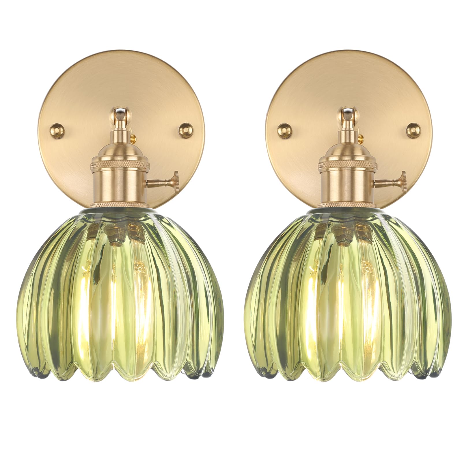 Vintage Wall Sconces Set of 2 with Cute Green Tulip Glass Lampshade 180 Degree Adjustable Brass Sconces Hradwired Modern Wall Lighting Fixture with Switch for Bedside Bedroom Doorway