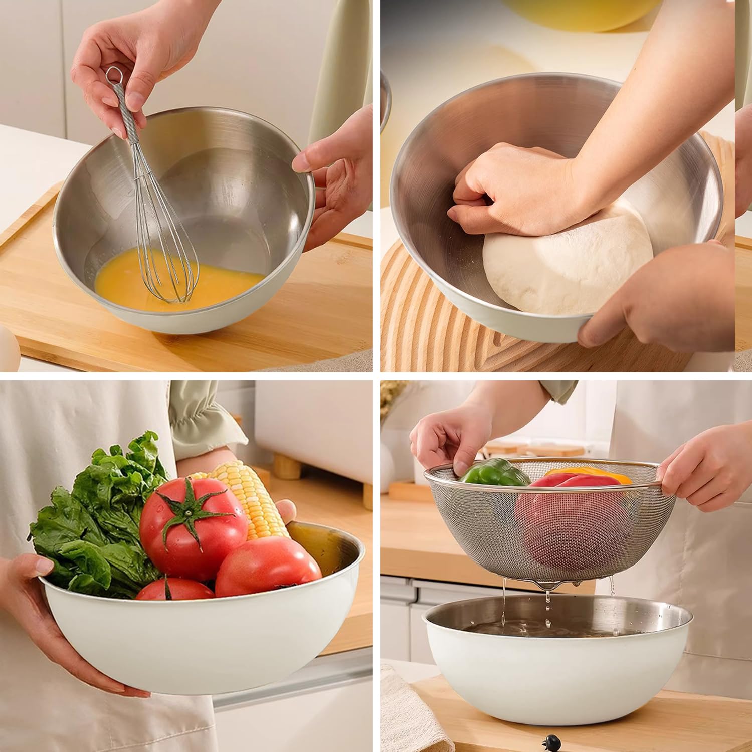 Juego de cuencos y colador de acero inoxidable para mezclar con escala, cuenco de ensalada con colador, cesta de malla fina, juego de cuencos para hornear, cuenco de cocina para decoración de