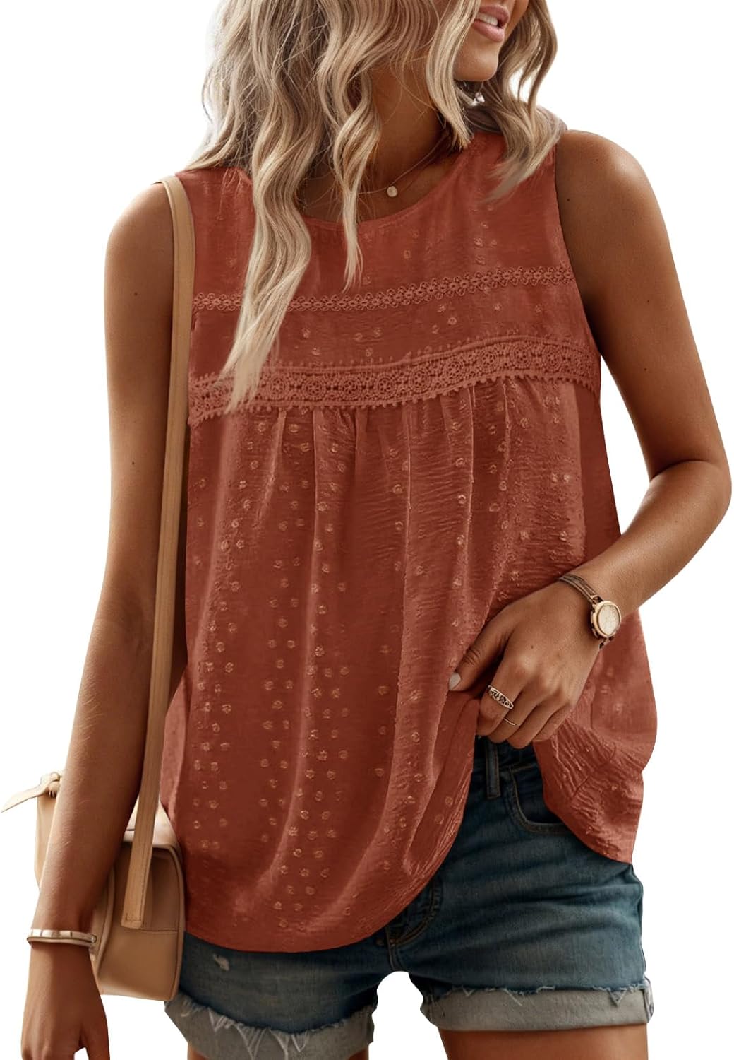 Yousify Tank Top for Women Loose Fit Sleeveless Crew Neck Camisole Tops Casual Swiss Dots Summer Cami Shirts Blouse